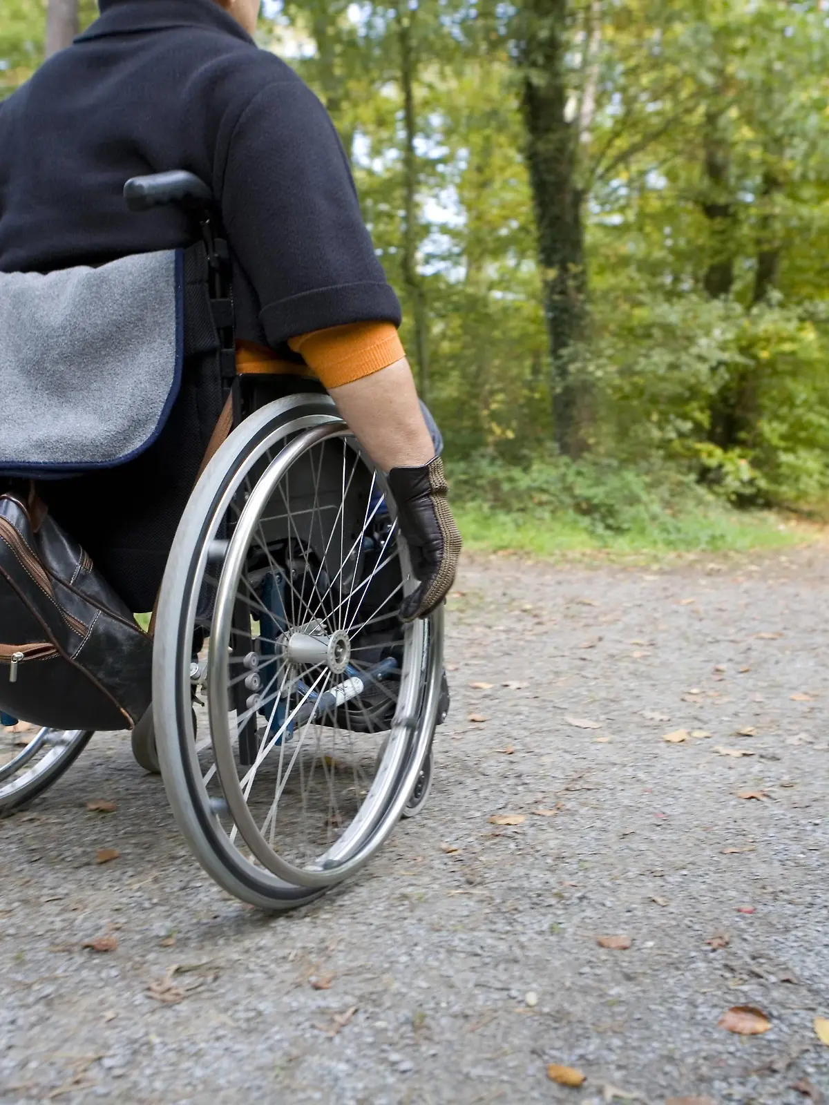 Frau mittleren Alters beim Waldspaziergang im Rollstuhl, deu_tschla | woman in a wheelchair on a forest path, deu_tschla