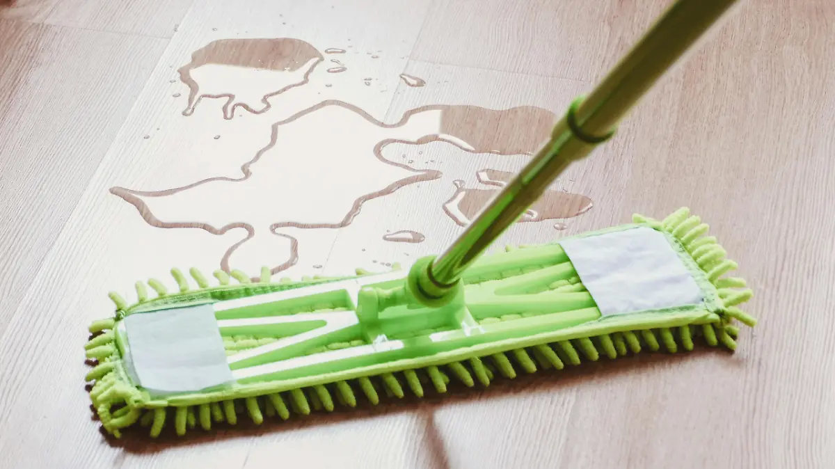 Water on the laminated wooden floor in bedroom, mop wiping wet floor
