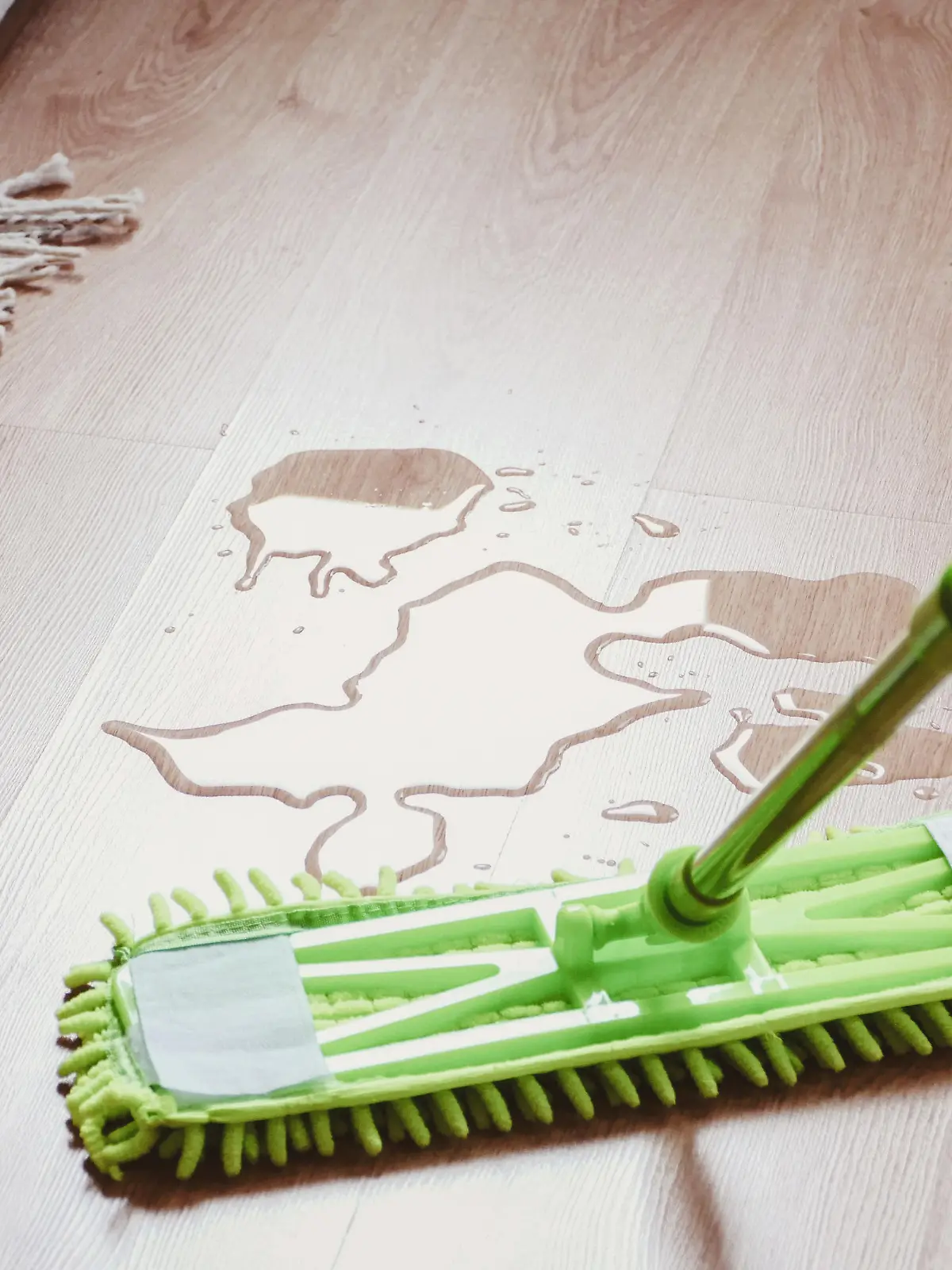 Water on the laminated wooden floor in bedroom, mop wiping wet floor