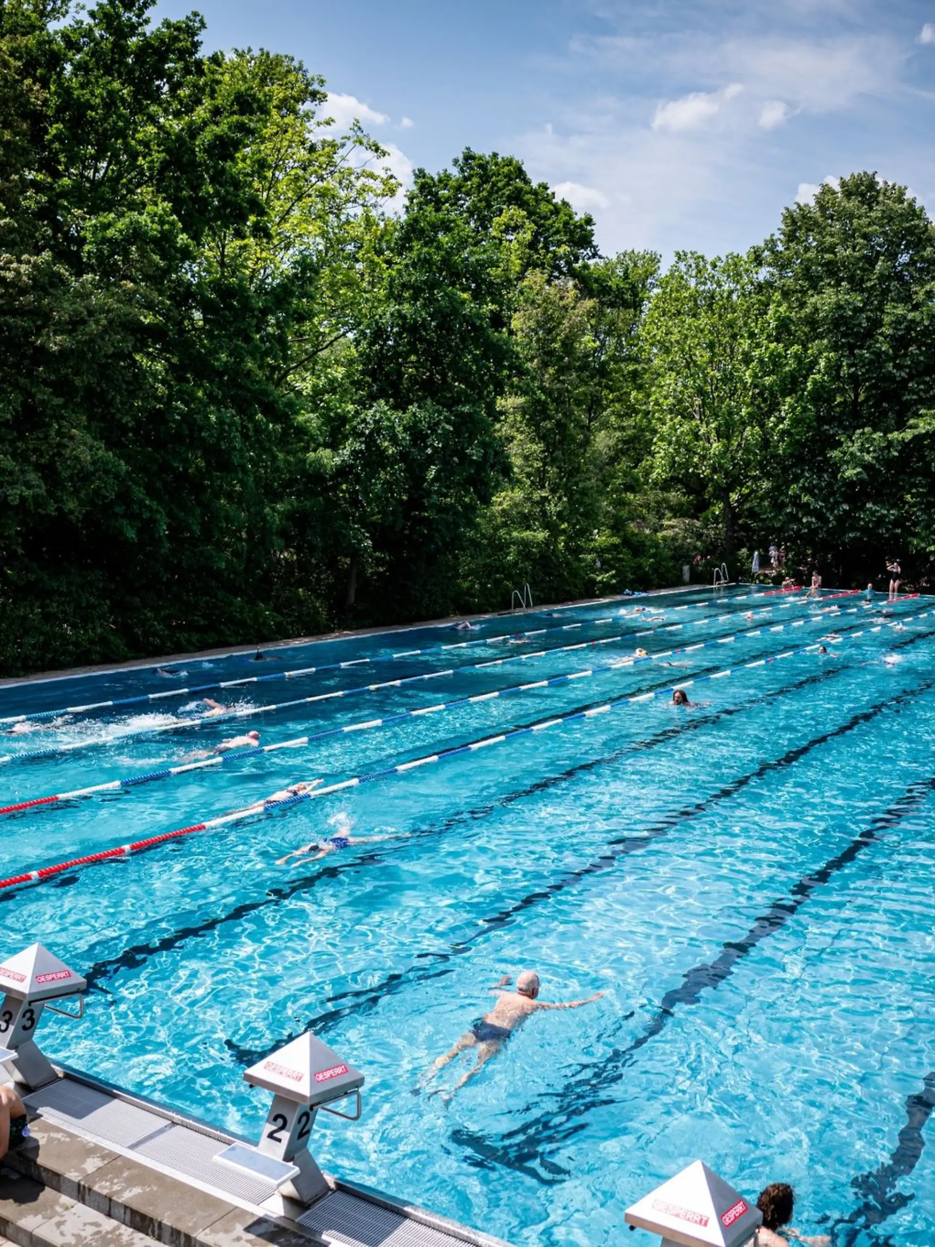 Besucher schwimmen an einem heißen Tag im Schwimmerbecken im Sommerbad Kreuzberg - Prinzenbad.