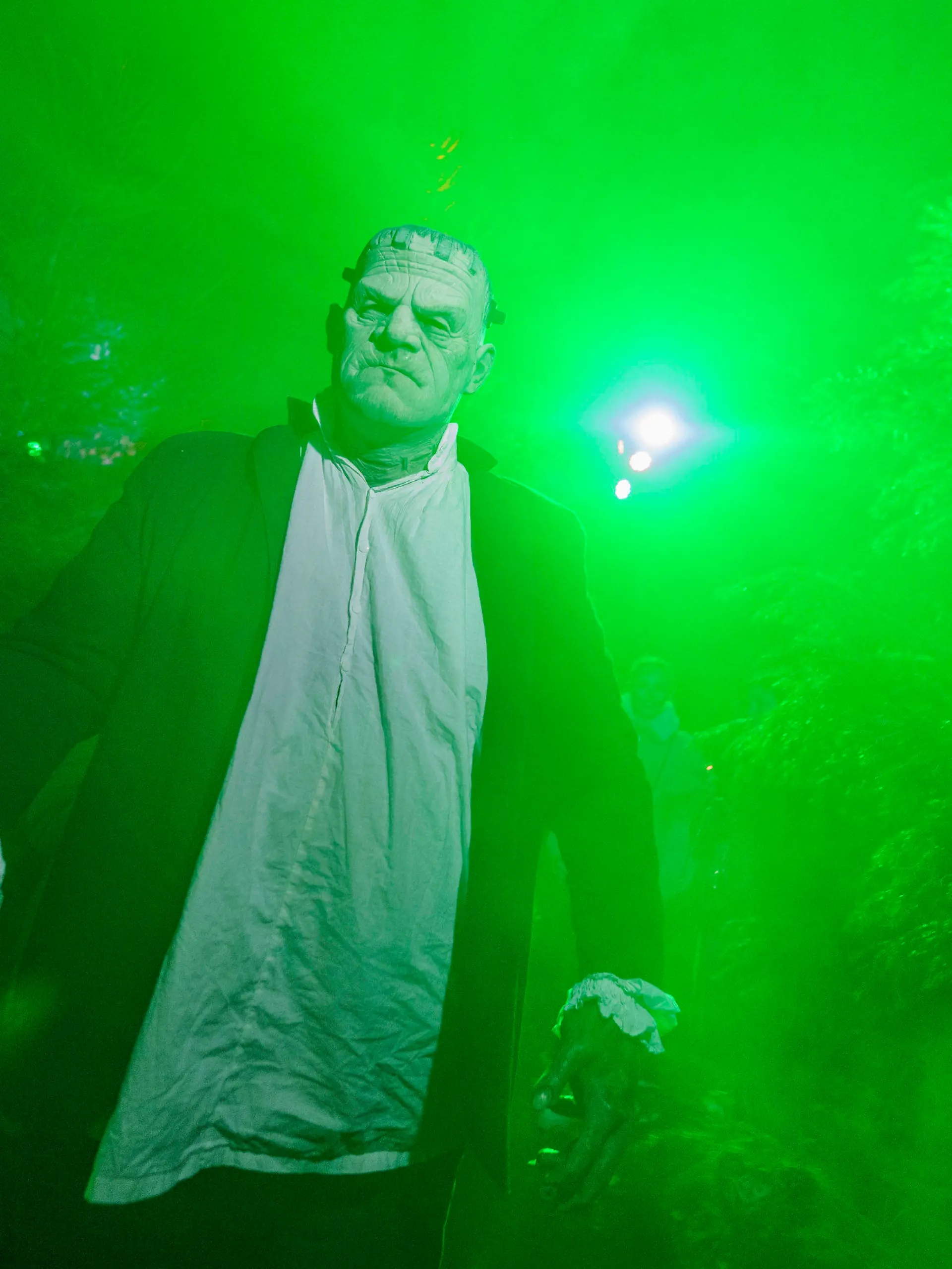 14.10.2023, Hessen, Mühltal: Ein Darsteller im Frankenstein-Kostüm verbreitet bei der Generalprobe zu Halloween auf Burg Frankenstein Angst und Schrecken. Das Halloween-Festival findet in diesem Jahr zum letzten Mal auf der Burg Frankenstein statt. Grund ist die umfassende Sanierung der historischen Burganlage. Danach zieht das Halloween-Festival auf die Burg Königstein im gleichnamigen Königstein (Hochtaunus) um. Foto: Andreas Arnold/dpa +++ dpa-Bildfunk +++