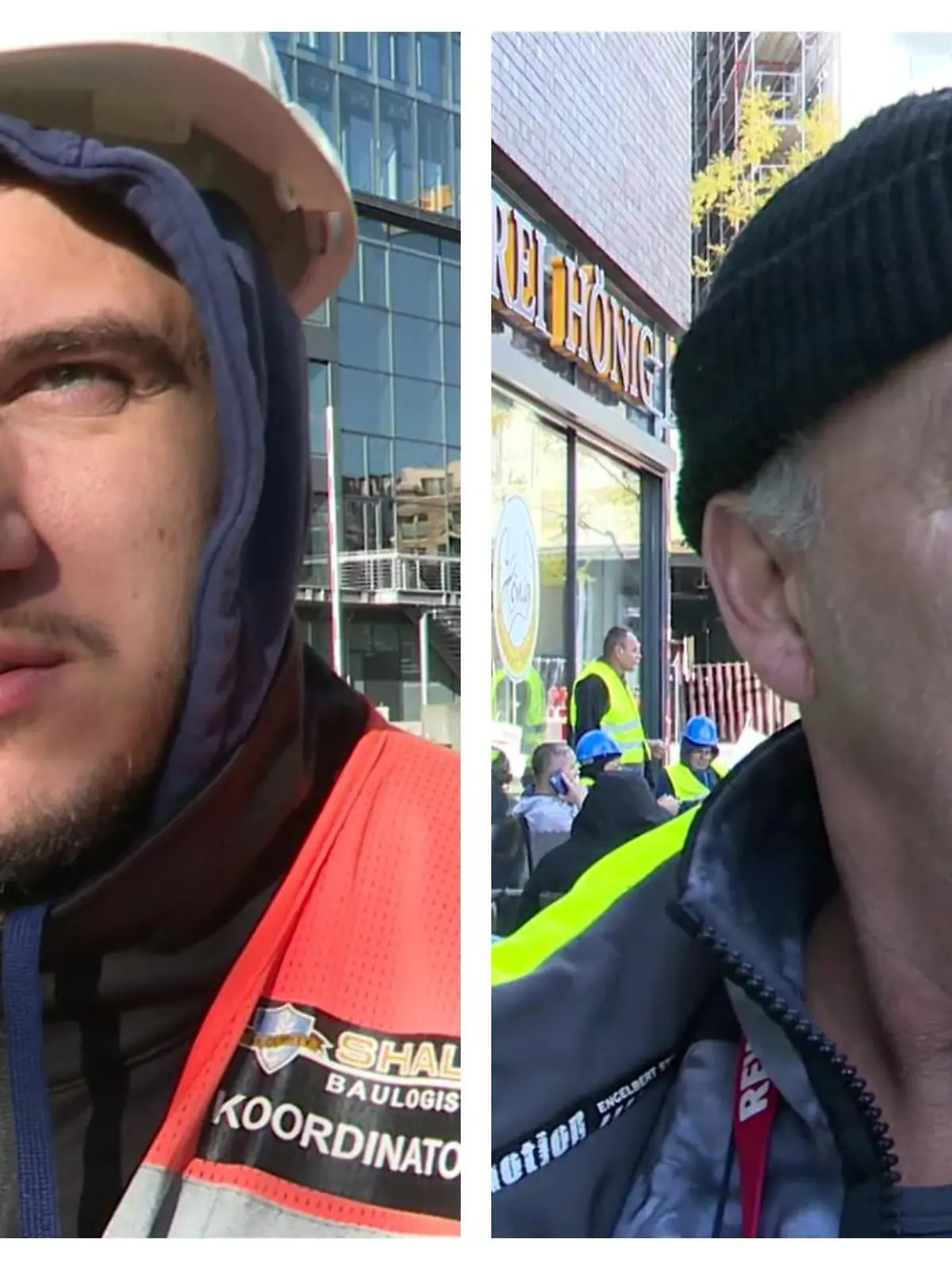 Die Bauarbeiter Nico Grubesic (links) und Falk Baranowski sind erschüttert vom tragischen Arbeitsunfall auf ihrer Hamburger Großbaustelle. Mindestens drei Kollegen sterben dabei.