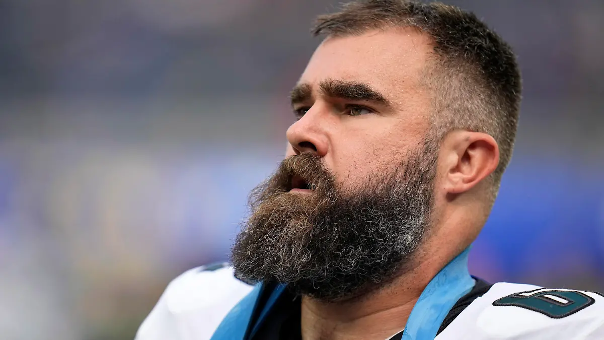 Philadelphia Eagles center Jason Kelce warms up prior to an NFL football game against the Los Angeles Rams Sunday, Oct. 8, 2023, in Inglewood, Calif. (AP Photo/Gregory Bull)