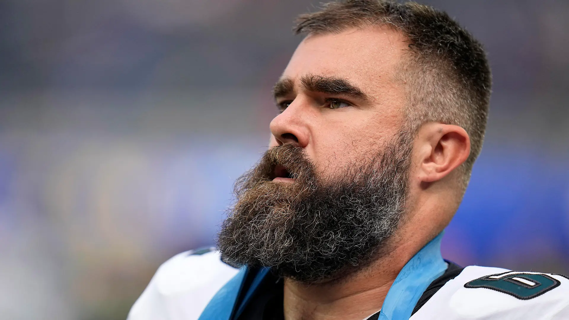 Philadelphia Eagles center Jason Kelce warms up prior to an NFL football game against the Los Angeles Rams Sunday, Oct. 8, 2023, in Inglewood, Calif. (AP Photo/Gregory Bull)