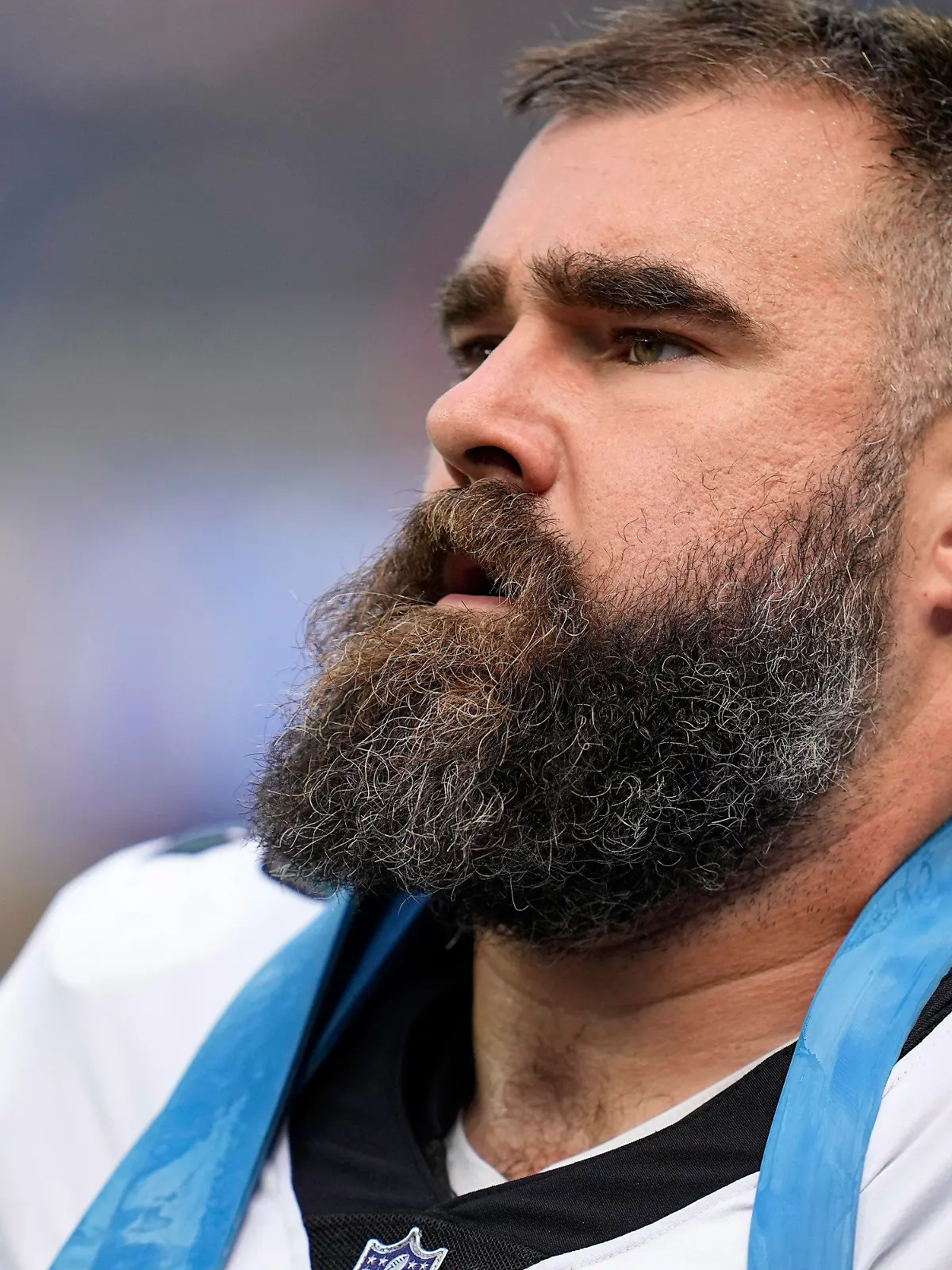 Philadelphia Eagles center Jason Kelce warms up prior to an NFL football game against the Los Angeles Rams Sunday, Oct. 8, 2023, in Inglewood, Calif. (AP Photo/Gregory Bull)