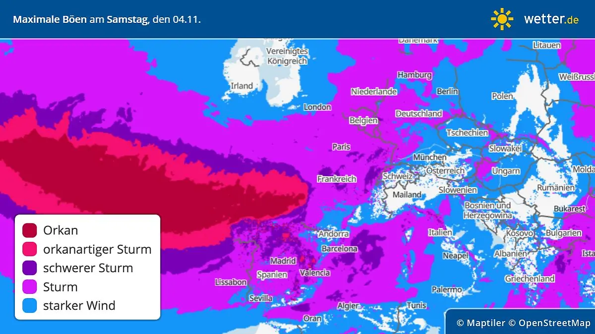 Die Karte zeigt die Windböen in Europa am Samstag, den 04. November. Frankreich und Spanien bekommen direkt den nächsten Orkan und auch bei uns könnte es erneut stürmisch werden.