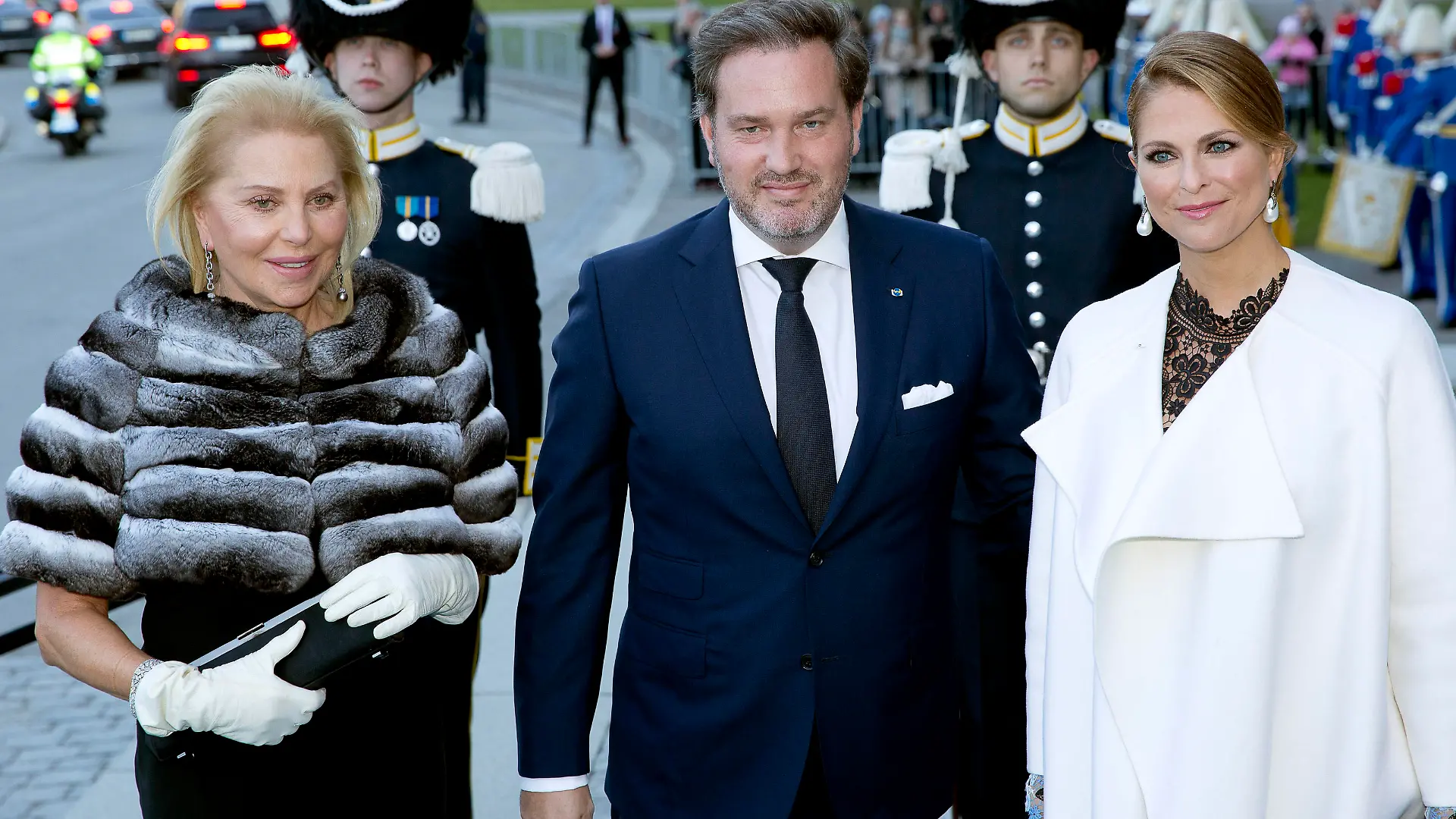 Princess Madeleine (R) of Sweden, her husband Chris O'Neill and his mother Eva Maria O'Neill arrive at the Nordic museum for the concert by the Royal Swedish Opera and Stockholm Concert on the occasion of the 70th birthday of the Swedish King Carl Gustaf in Stockholm, Sweden, 29 April 2016. Photo: Albert Nieboer/NETHERLANDS OUT