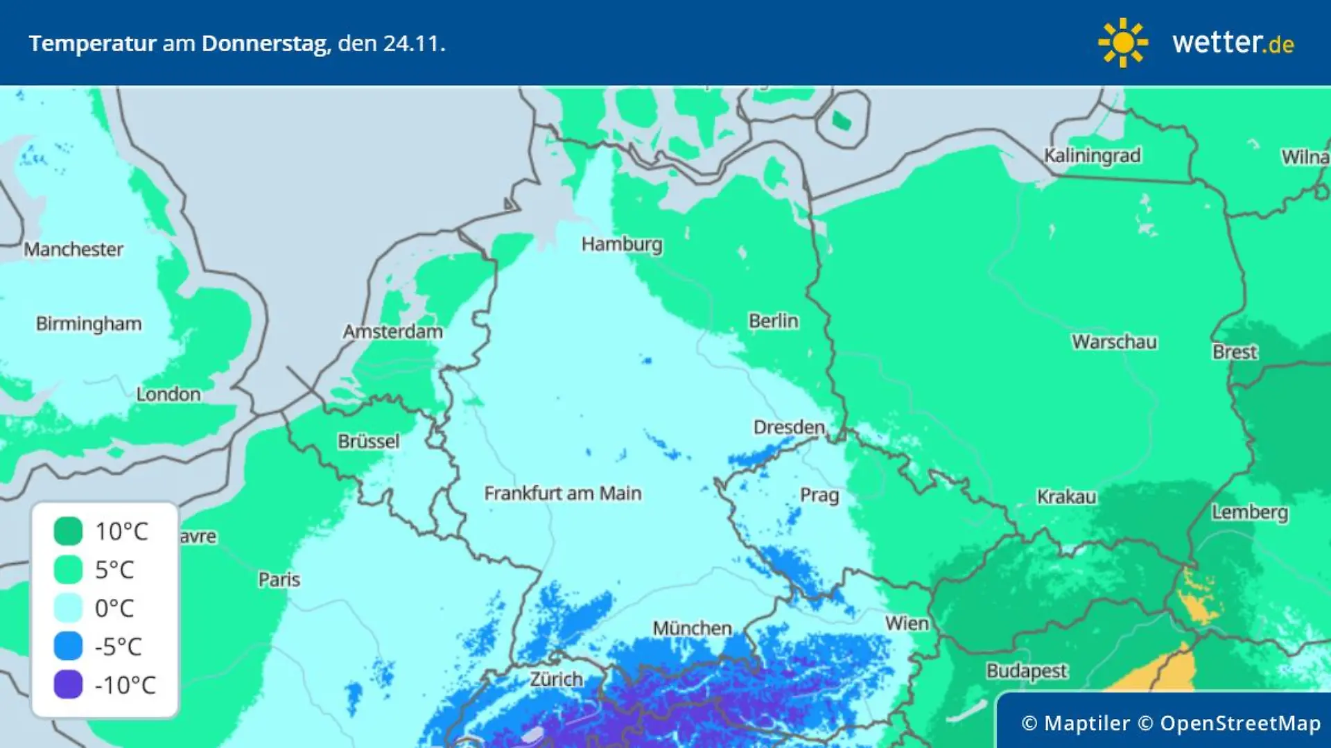 Die Grafik zeigt die Höchstwerte für Donnerstag, 24.11.2022