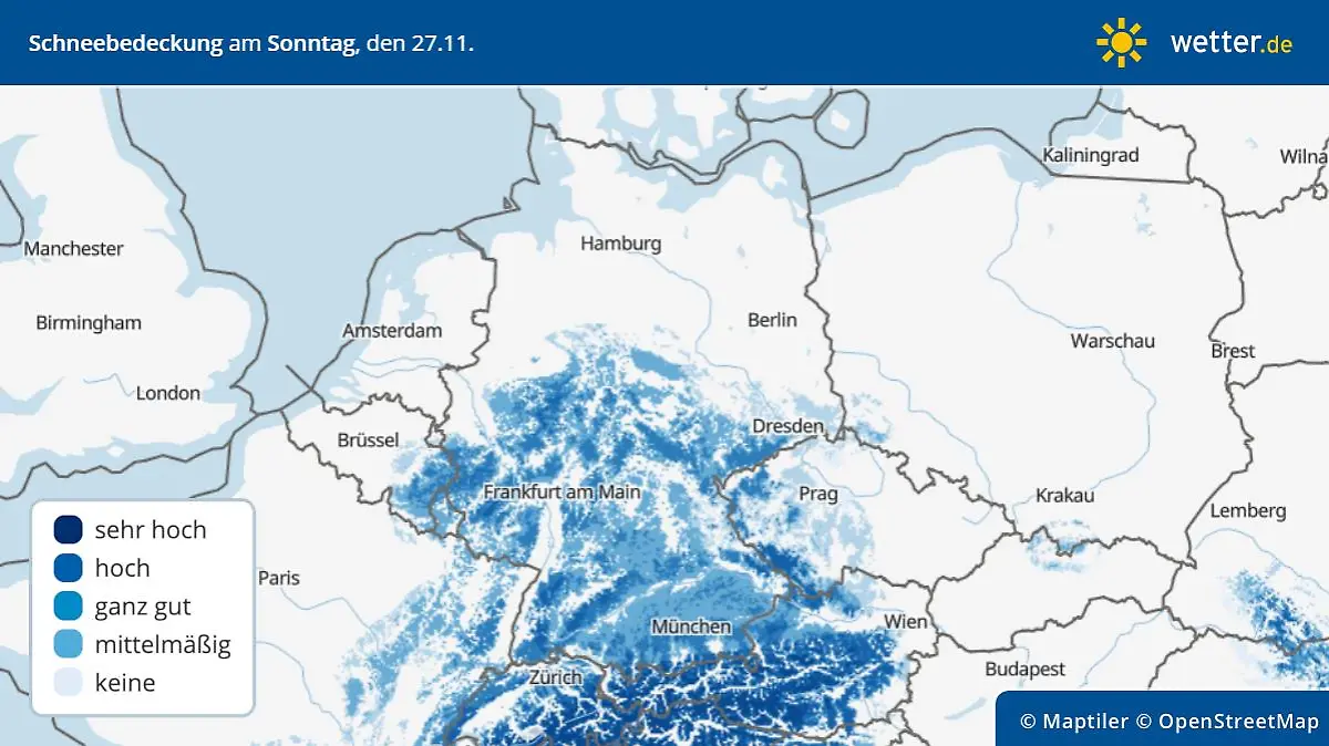 Die Grafik zeigt die Schneebedeckung für Sonntag, 27.11.2022