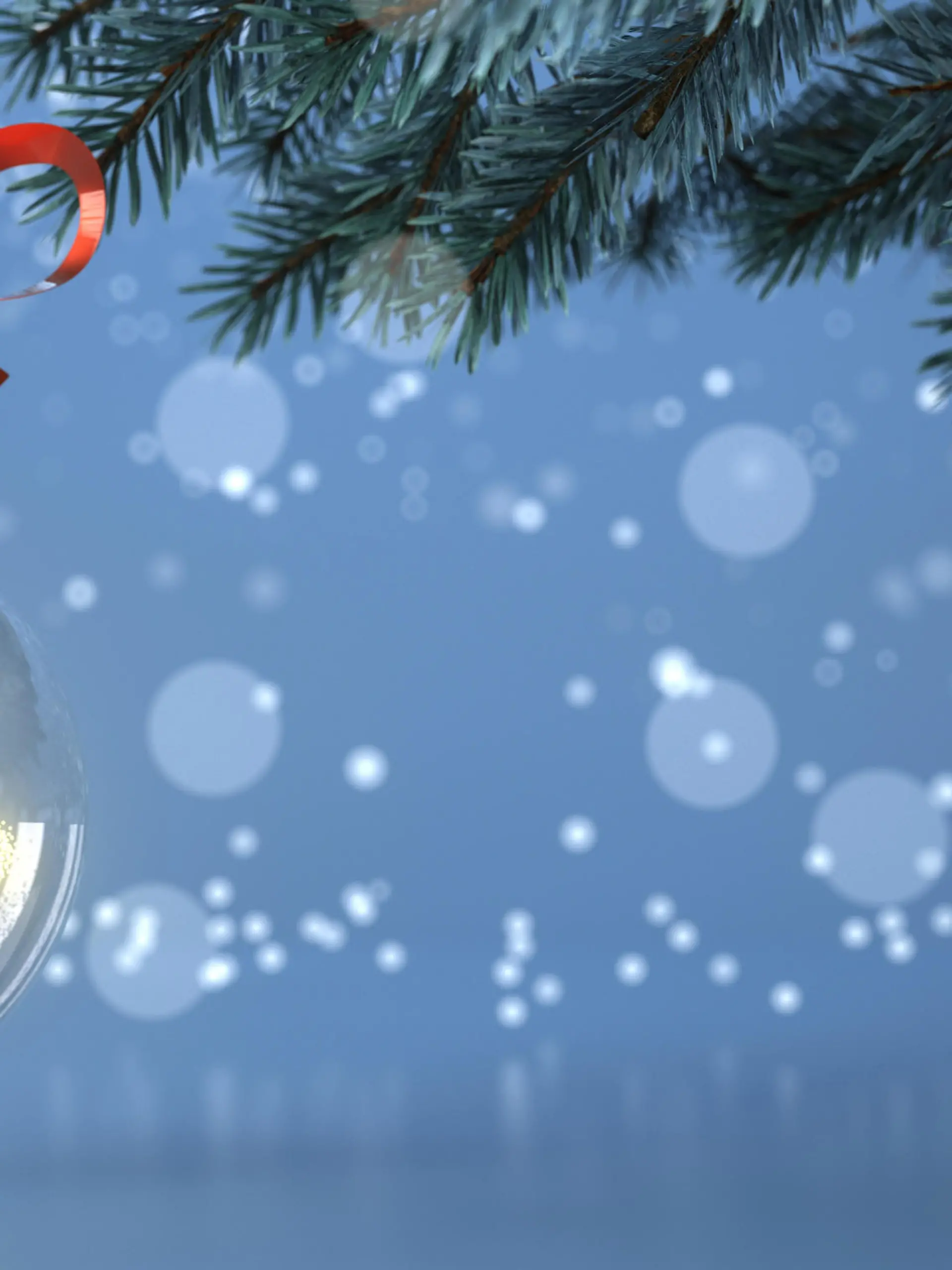 A decorated Christmas tree in the Christmas tree globe, in the background bokeh lights. 3d illustration.