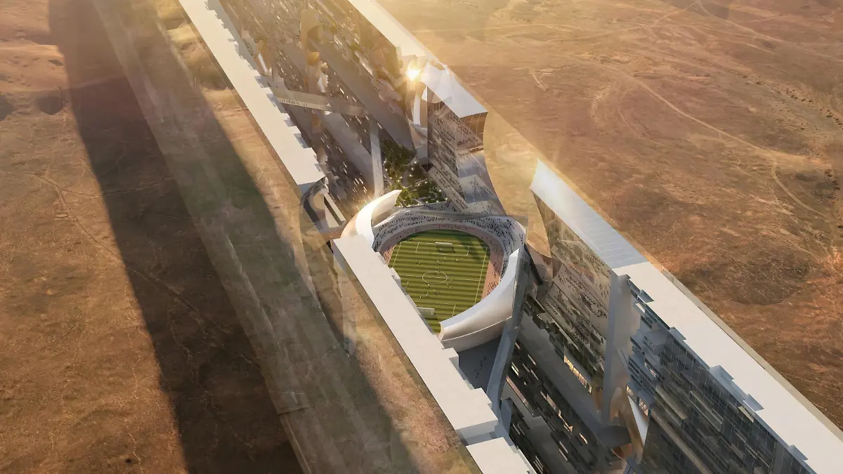 Artist view of 'Mirror Line' is a 120-kilometers (or 75-miles) horizontal skyscraper, announced as a landmark in Neom, north of Saudi Arabia. The project is two parallel structures traversing mountains and desert, with streets and building and even a stadium, as part of a plan by Saudi Crown Prince Mohammed bin Salman Al Saud (known as MBS) to transform north of Saudi Arabia. July 18, 2022. Photo by Balkis Press/ABACAPRESS.COM