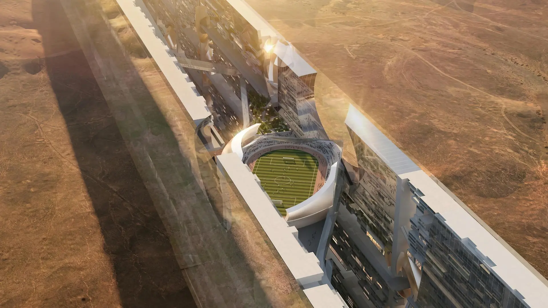 Artist view of 'Mirror Line' is a 120-kilometers (or 75-miles) horizontal skyscraper, announced as a landmark in Neom, north of Saudi Arabia. The project is two parallel structures traversing mountains and desert, with streets and building and even a stadium, as part of a plan by Saudi Crown Prince Mohammed bin Salman Al Saud (known as MBS) to transform north of Saudi Arabia. July 18, 2022. Photo by Balkis Press/ABACAPRESS.COM