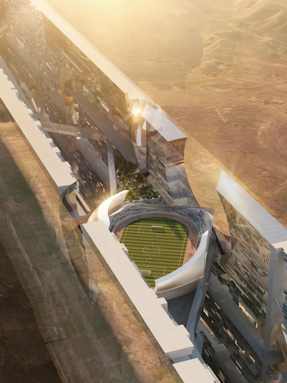 Artist view of 'Mirror Line' is a 120-kilometers (or 75-miles) horizontal skyscraper, announced as a landmark in Neom, north of Saudi Arabia. The project is two parallel structures traversing mountains and desert, with streets and building and even a stadium, as part of a plan by Saudi Crown Prince Mohammed bin Salman Al Saud (known as MBS) to transform north of Saudi Arabia. July 18, 2022. Photo by Balkis Press/ABACAPRESS.COM