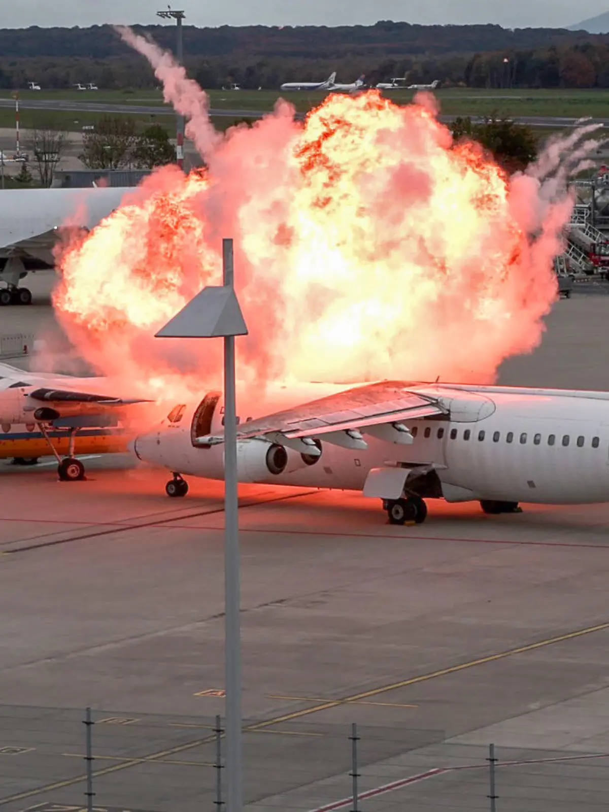04.11.2023, Nordrhein-Westfalen, Köln: Ein Feuerball ist über zwei Flugzeugen zu sehen, die am Flughafen Köln/Bonn als Notfallübung zusammengestoßen sind. An Flughäfen wird regelmäßig geübt, damit in Ernstfall die Abläufe stimmen. Foto: dpa +++ dpa-Bildfunk +++