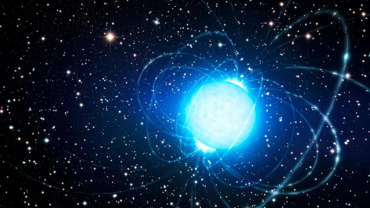 SPERRFRIST 14. Mai 2014 12:00:00 CEST - (Sperrfrist (14. Mai 12.00 Uhr) - HANDOUT - This undated artist_s impression shows the magnetar in the very rich and young star cluster Westerlund 1. The remarkable cluster contains hundreds of very massive stars, some shining with a brilliance of almost one million suns. European astronomers have for the first time demonstrated that this magnetar _ an unusual type of neutron star with an extremely strong magnetic field _ probably was formed as part of a binary star system. The discovery of the magnetar_s former companion elsewhere in the cluster helps solve the mystery of how a star that started off so massive could become a magnetar, rather than collapse into a black hole. - EDITORIAL USE ONLY - NO ARCHIVE NO SALES - MANDATORY CREDIT: Photo: ESO/L. Calçada ++