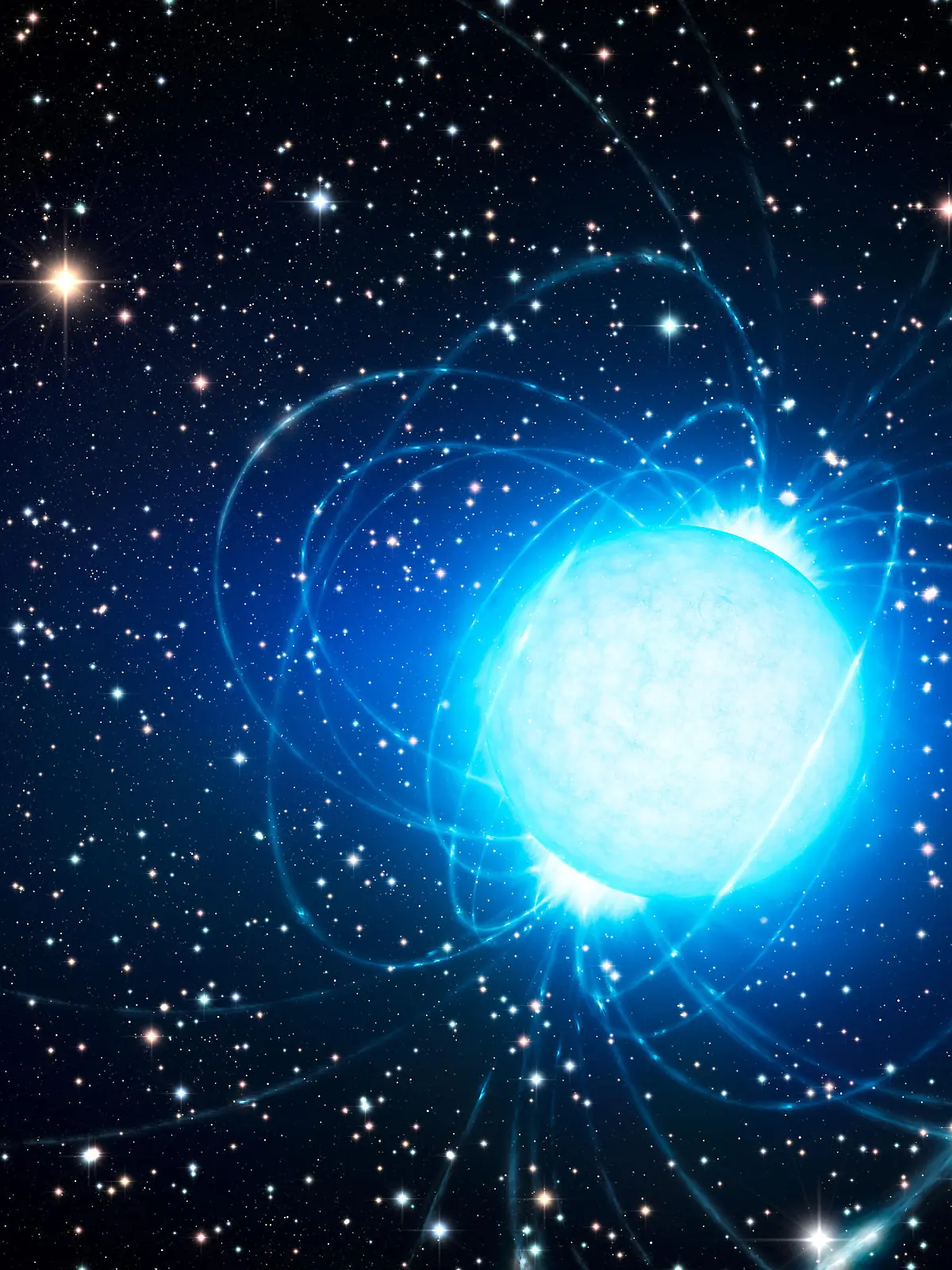 SPERRFRIST 14. Mai 2014 12:00:00 CEST - (Sperrfrist (14. Mai 12.00 Uhr) - HANDOUT - This undated artist_s impression shows the magnetar in the very rich and young star cluster Westerlund 1. The remarkable cluster contains hundreds of very massive stars, some shining with a brilliance of almost one million suns. European astronomers have for the first time demonstrated that this magnetar _ an unusual type of neutron star with an extremely strong magnetic field _ probably was formed as part of a binary star system. The discovery of the magnetar_s former companion elsewhere in the cluster helps solve the mystery of how a star that started off so massive could become a magnetar, rather than collapse into a black hole. - EDITORIAL USE ONLY - NO ARCHIVE NO SALES - MANDATORY CREDIT: Photo: ESO/L. Calçada ++