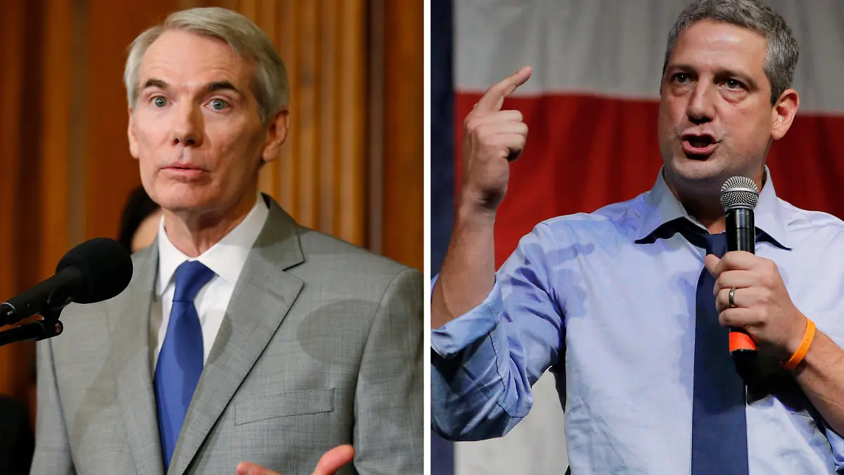 ARCHIV - 14.07.2016, USA, --: Die Bildkombo zeigt den republikanischen Senator Rob Portman (l) am 14.07.2016 im US-Kapitol und den damaligen demokratischen Präsidentschaftskandidaten Tim Ryan auf einer Wahlkampfveranstaltung am 09.08.2019 im Surf Ballroom in Clear Lake, Iowa.(zu dpa «Astronaut und Fernseharzt: Diese Kandidaten entscheiden die US-Senatswahl») Foto: Shawn Thew/John Locher/EPA/AP/dpa +++ dpa-Bildfunk +++