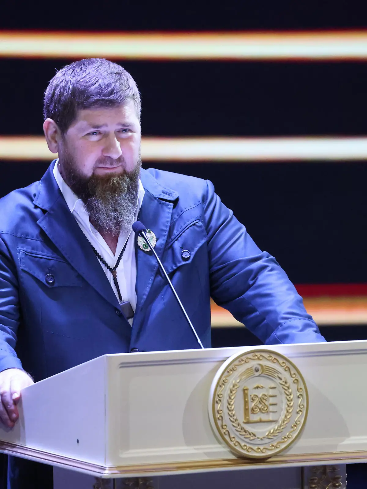 RUSSIA, GROZNY - OCTOBER 5, 2023: Chechen Republic Head Ramzan Kadyrov speaks during a concert marking Grozny City Day at Dagun Omayev Palace of Culture. Yelena Afonina/TASS / action press