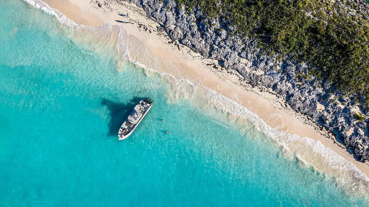 The drone aerial view of the beach of Rose Island, Bahamas.