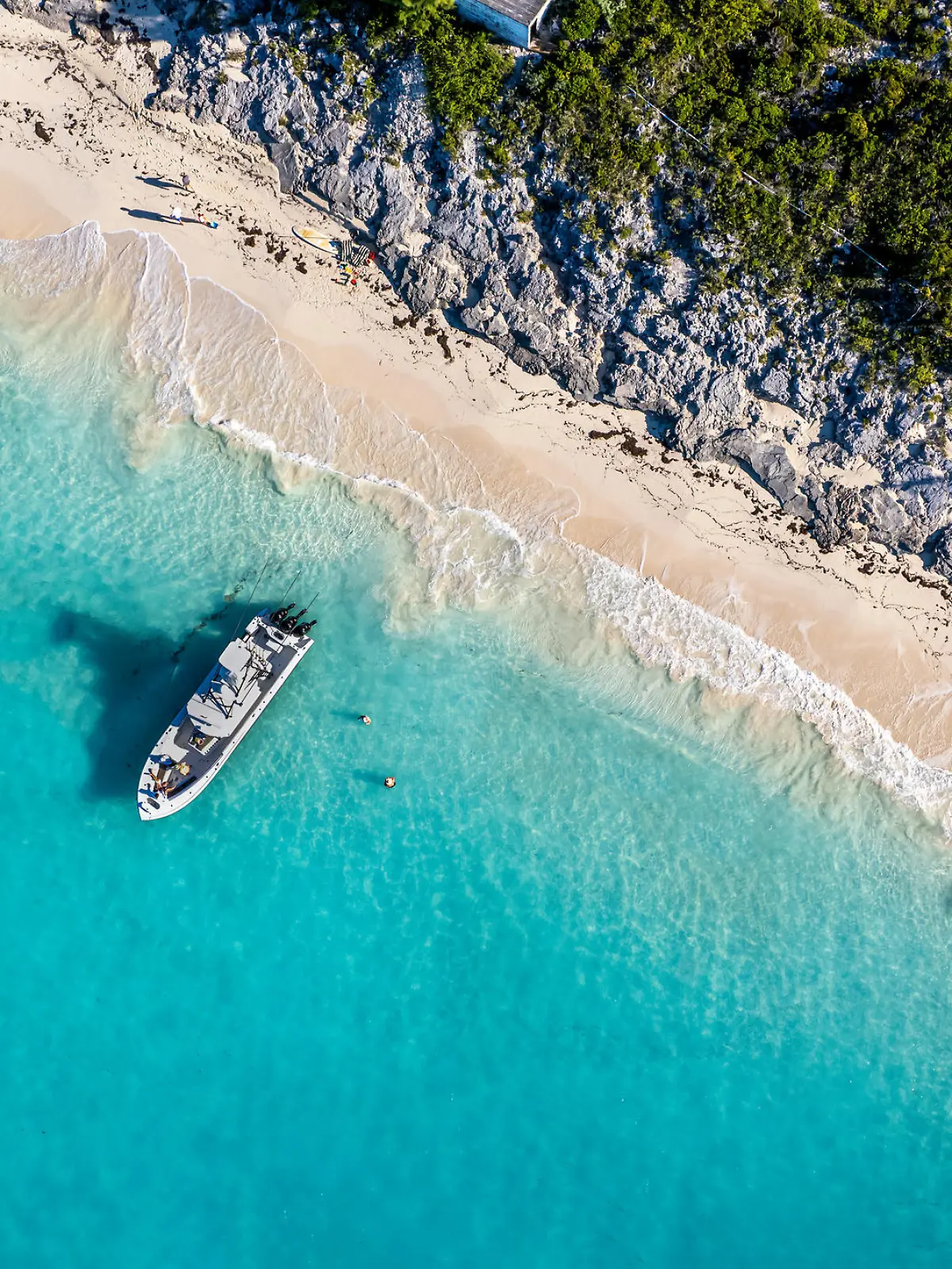 The drone aerial view of the beach of Rose Island, Bahamas.