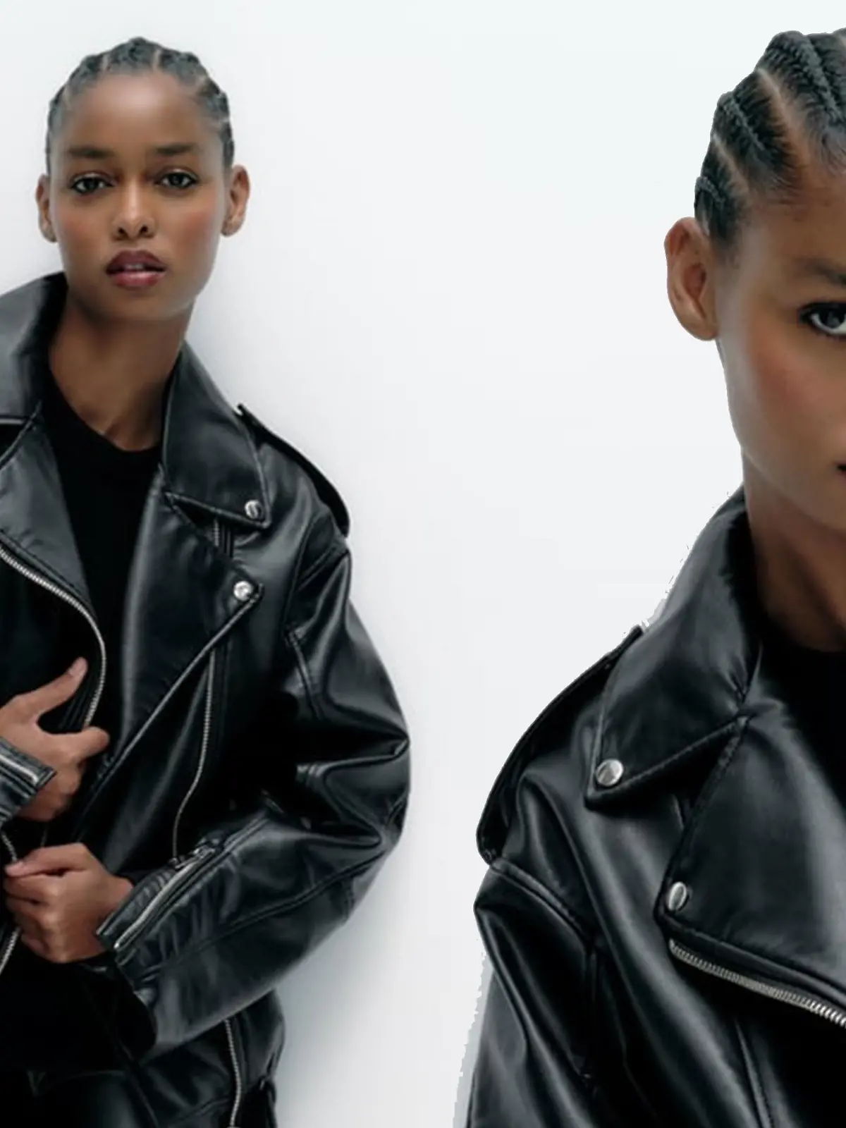 Model trägt Zara-Lederjacke beim Fotoshooting.