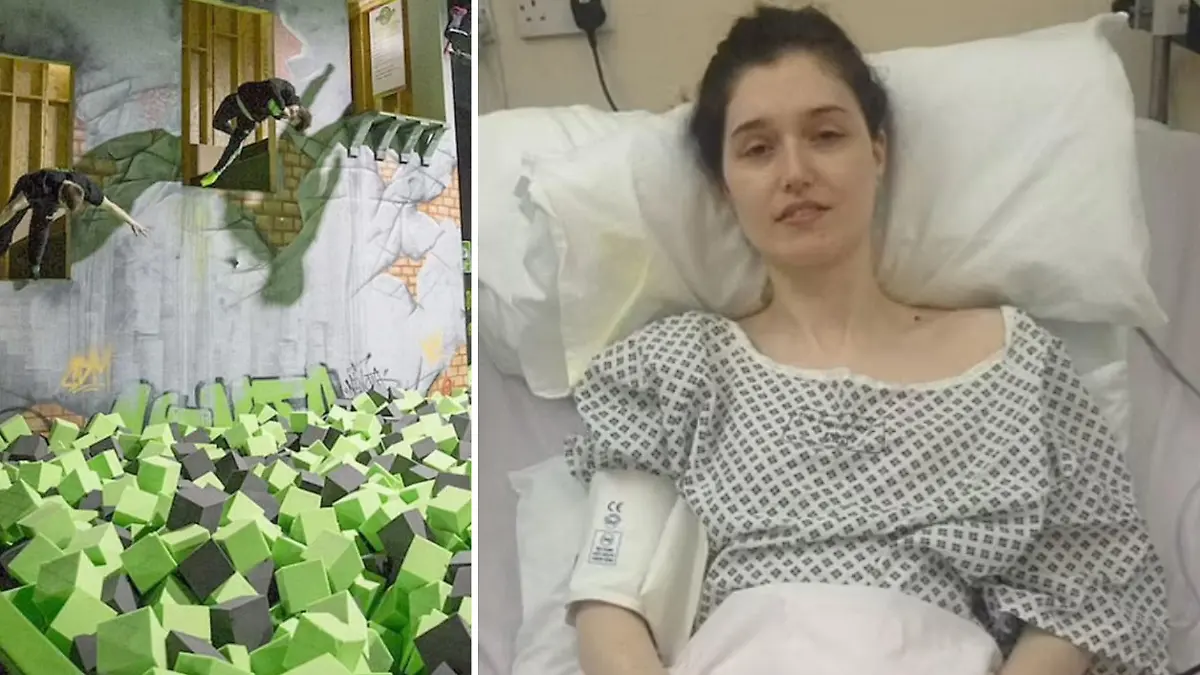 Eine Trampolinhalle mit einem Schaumstoffbecken. Daneben ein Bild von einer Frau in einem Krankenbett.
