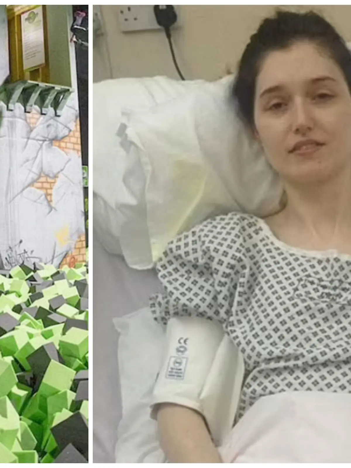 Eine Trampolinhalle mit einem Schaumstoffbecken. Daneben ein Bild von einer Frau in einem Krankenbett.