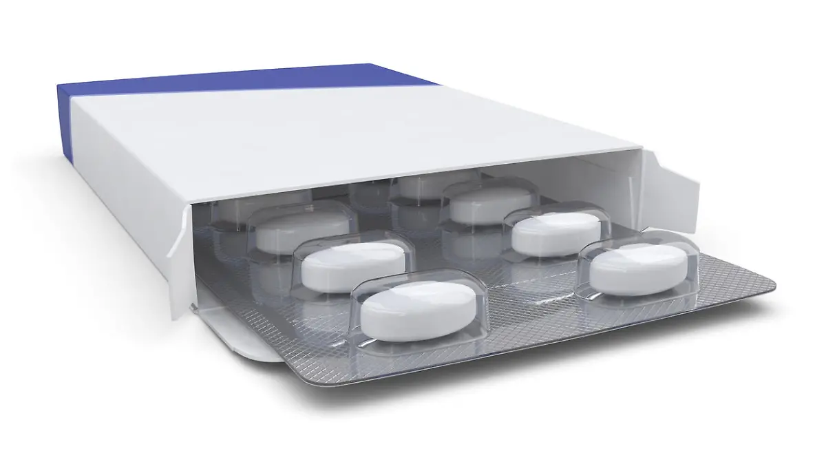 A medicine pills box. Isolated on a white background.Clipping Path to isolate the box and blister from the shadow is included.
