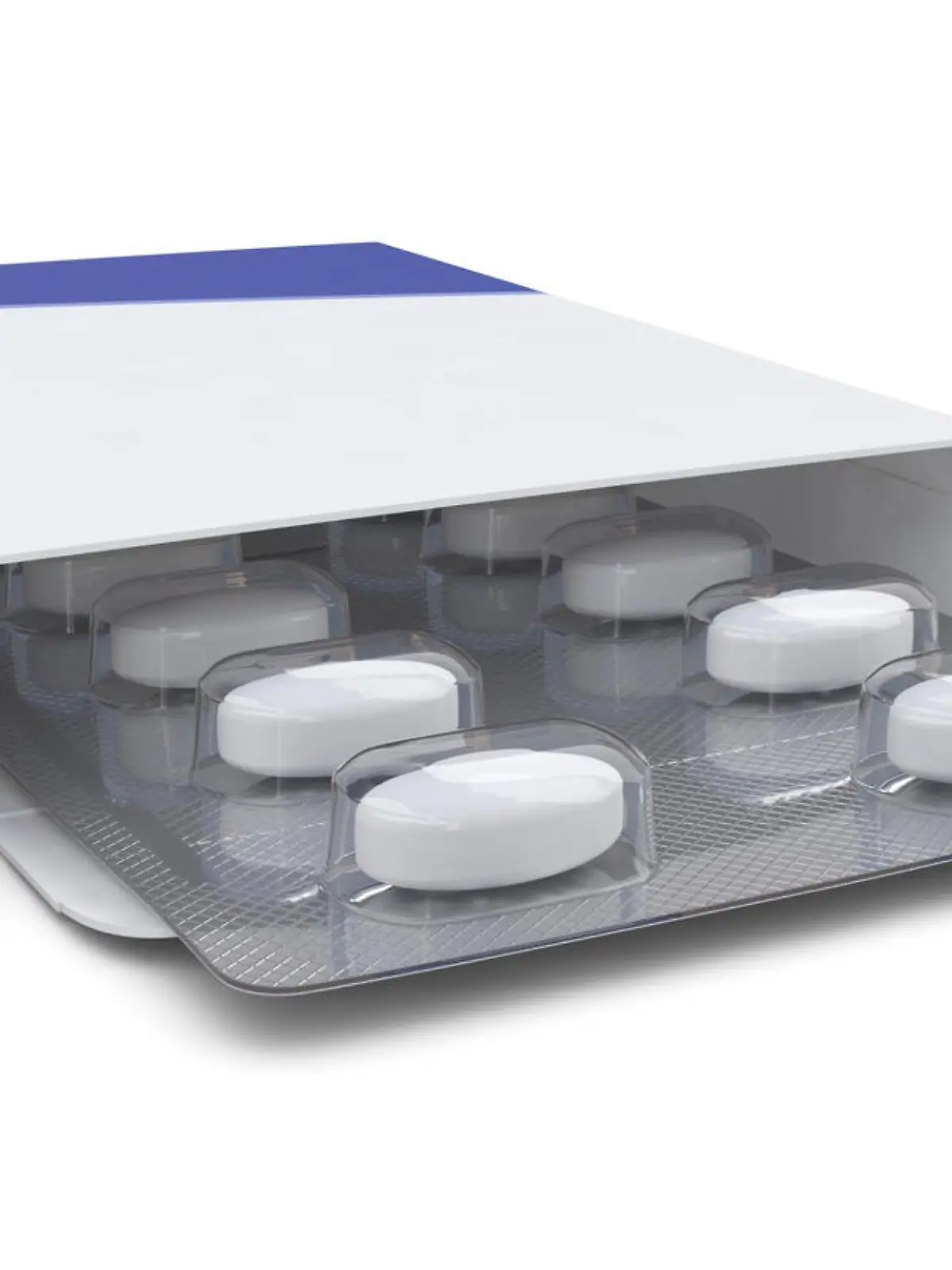 A medicine pills box. Isolated on a white background.Clipping Path to isolate the box and blister from the shadow is included.