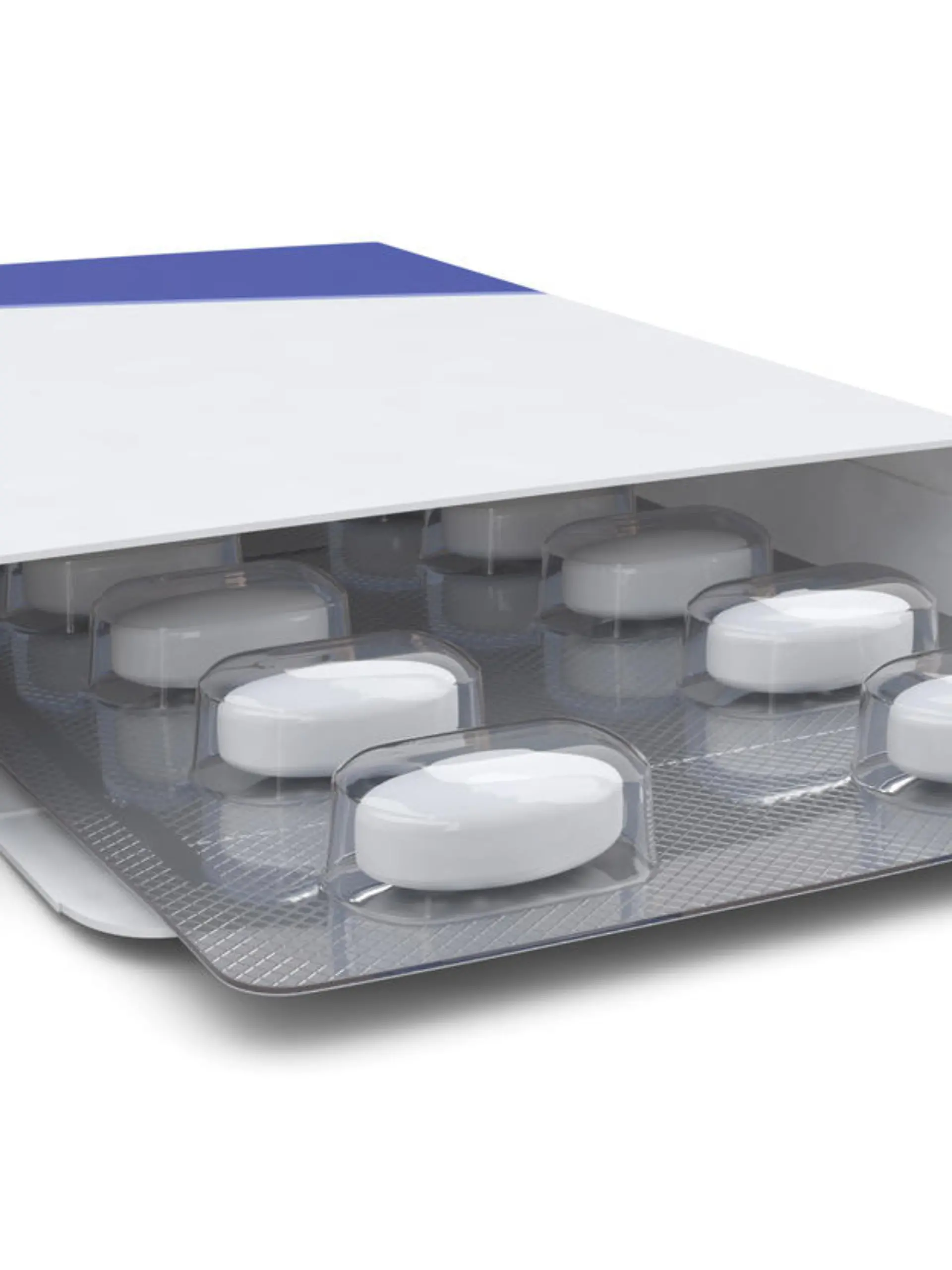 A medicine pills box. Isolated on a white background.Clipping Path to isolate the box and blister from the shadow is included.