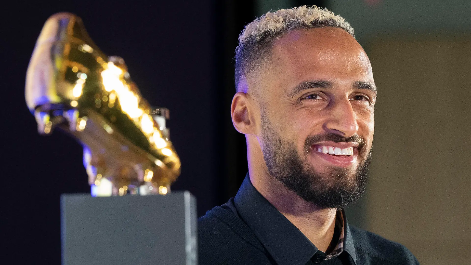 Nov 1, 2022; Nashville, Tennessee, USA;
Nashville SC's Hany Mukhtar smiles as he receives his Landon Donovan MLS MVP award during a press conference at Geodis Park. Mandatory Credit: George Walker IV - USA TODAY Sports