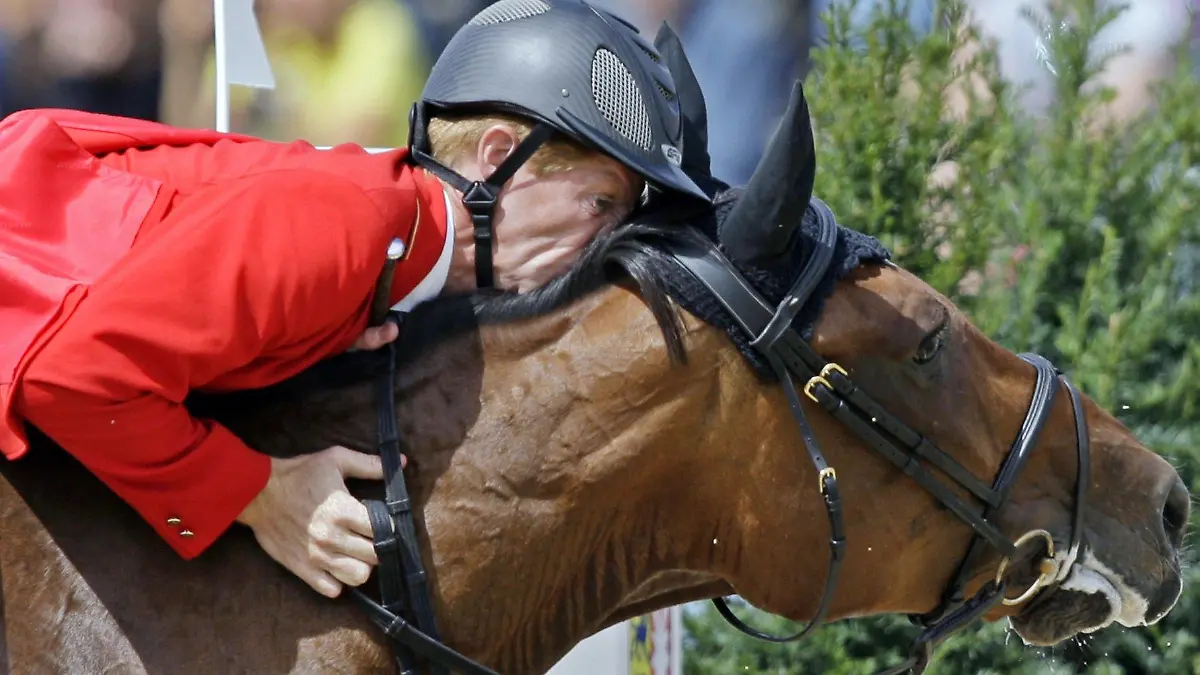 Marcus Ehning aus Deutschland mit seinem Pferd Noltes Küchengirl, das an einem Hindernis den Sprung verweigerte, am Donnerstag (16.08.2007) bei der 2. Wertungsprüfung im Einzel und Mannschaft auf der FEI Europameisterschaft der Springreiter im MVV-Reitstadion in Mannheim. Foto: Ronald Wittek dpa/lsw +++(c) dpa - Bildfunk+++