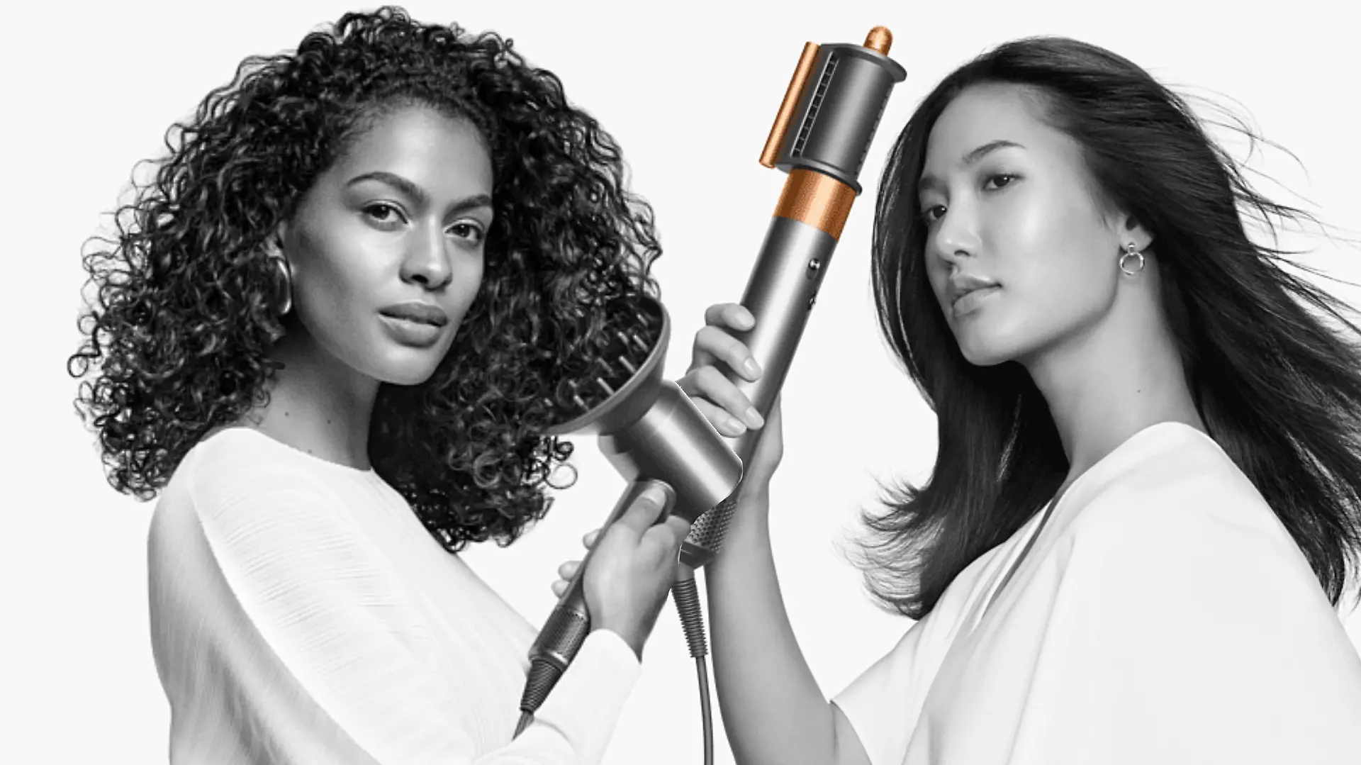 Dyson: Zwei Frauen verwenden Dyson-Haarprodukte.