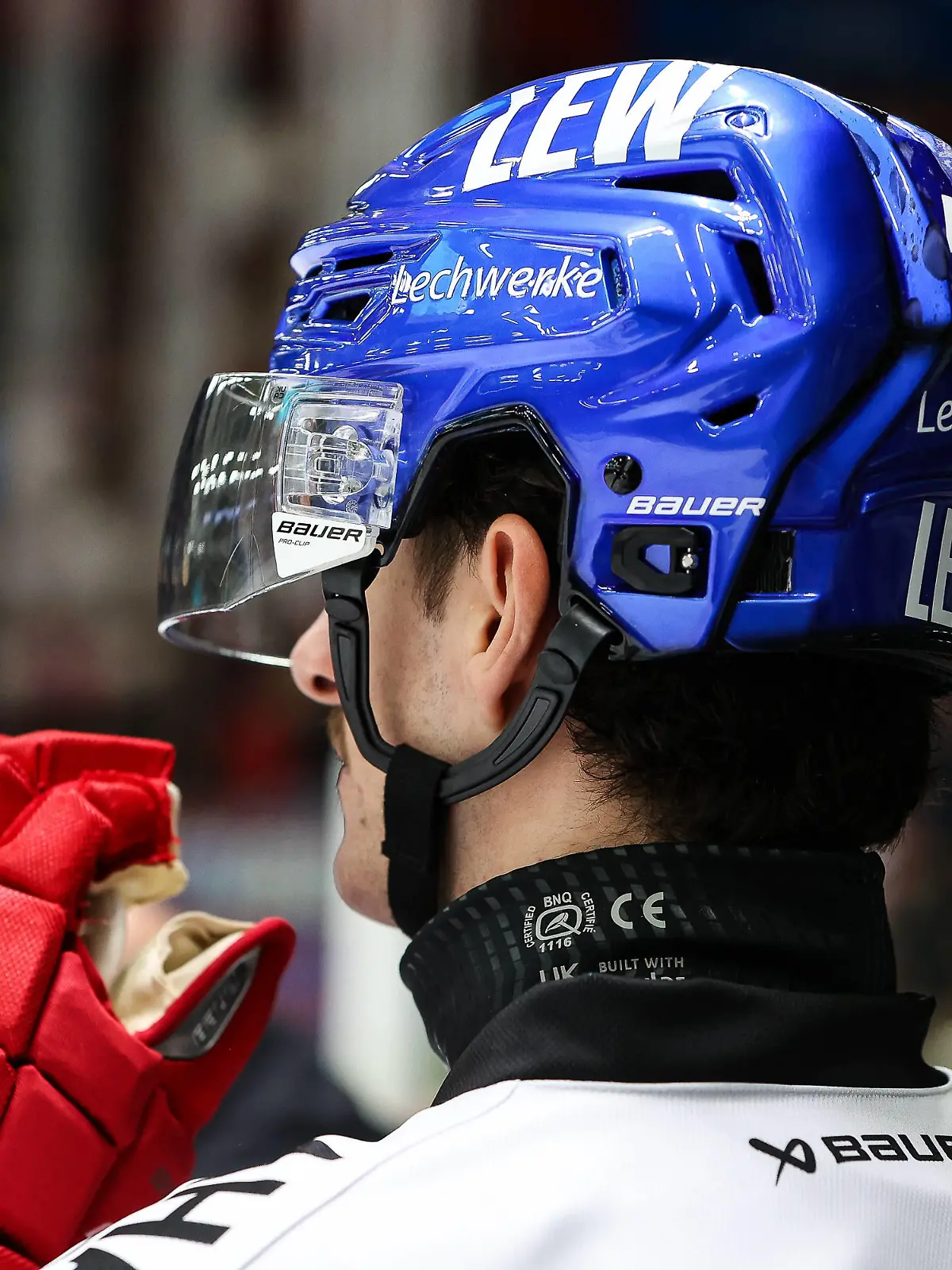 DEL Augsburger Panther - Nuernberg ICE Tigers 05.11.2023 Leon VAN DER LINDE AEV 43 traegt einen Halsschutz von Bauer / Symbolbild / Halsschutz Eishockey *** DEL Augsburger Panther Nuernberg ICE Tigers 05 11 2023 Leon VAN DER LINDE AEV 43 wears a neck protector from Bauer Symbolbild Halsschutz Eishockey Copyright: xBEAUTIFULxSPORTS/Goldbergx