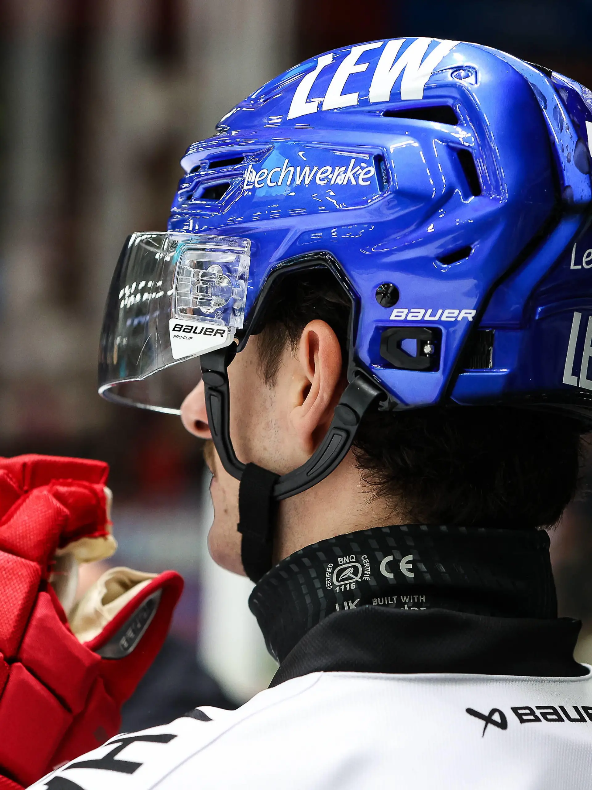 DEL Augsburger Panther - Nuernberg ICE Tigers 05.11.2023 Leon VAN DER LINDE AEV 43 traegt einen Halsschutz von Bauer / Symbolbild / Halsschutz Eishockey *** DEL Augsburger Panther Nuernberg ICE Tigers 05 11 2023 Leon VAN DER LINDE AEV 43 wears a neck protector from Bauer Symbolbild Halsschutz Eishockey Copyright: xBEAUTIFULxSPORTS/Goldbergx