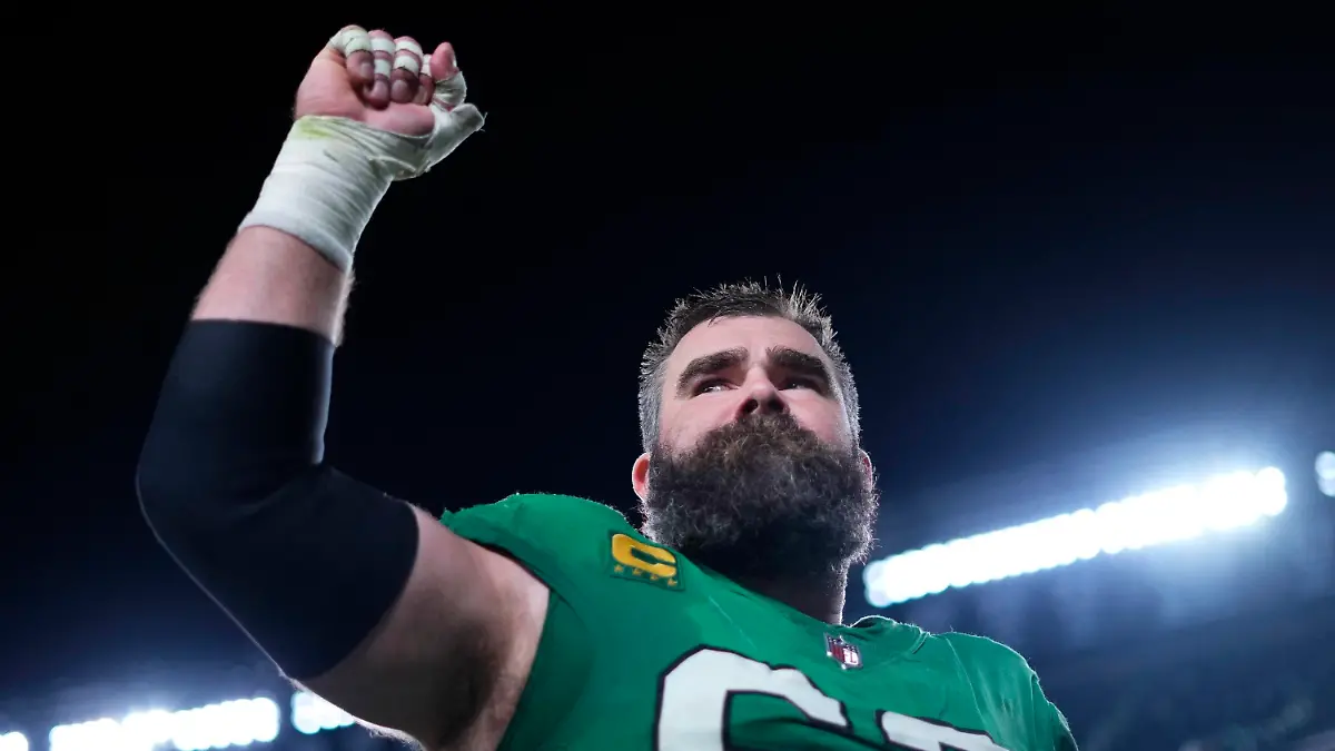 Philadelphia Eagles center Jason Kelce (62) gestures as he leaves the field after an NFL football game against the Miami Dolphins on Sunday, Oct. 22, 2023, in Philadelphia. (AP Photo/Matt Rourke)