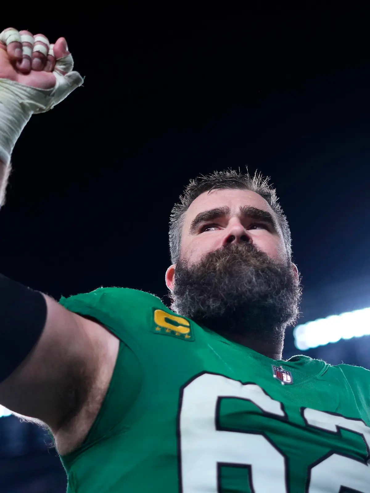 Philadelphia Eagles center Jason Kelce (62) gestures as he leaves the field after an NFL football game against the Miami Dolphins on Sunday, Oct. 22, 2023, in Philadelphia. (AP Photo/Matt Rourke)