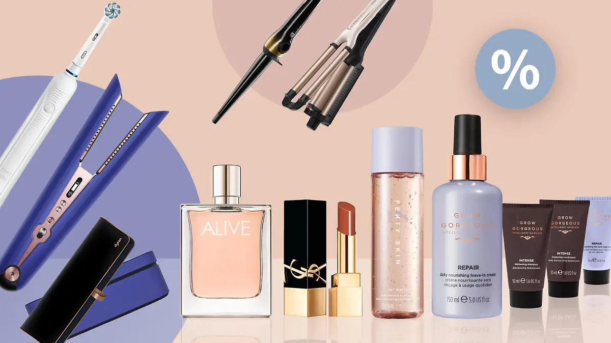 Dyson-Haarglätter, Boss-Parfum & Co. in einer Collage.