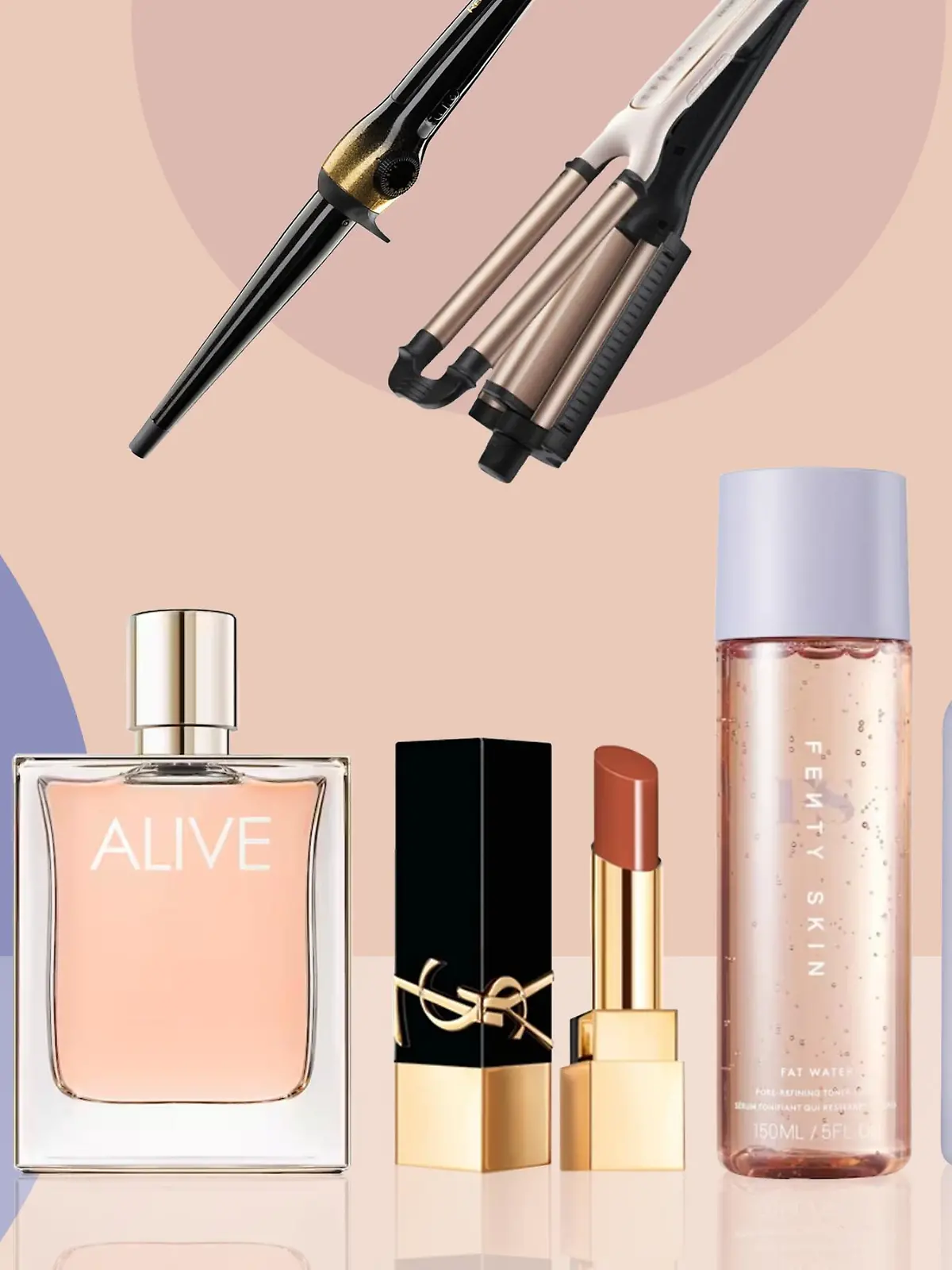 Dyson-Haarglätter, Boss-Parfum & Co. in einer Collage.