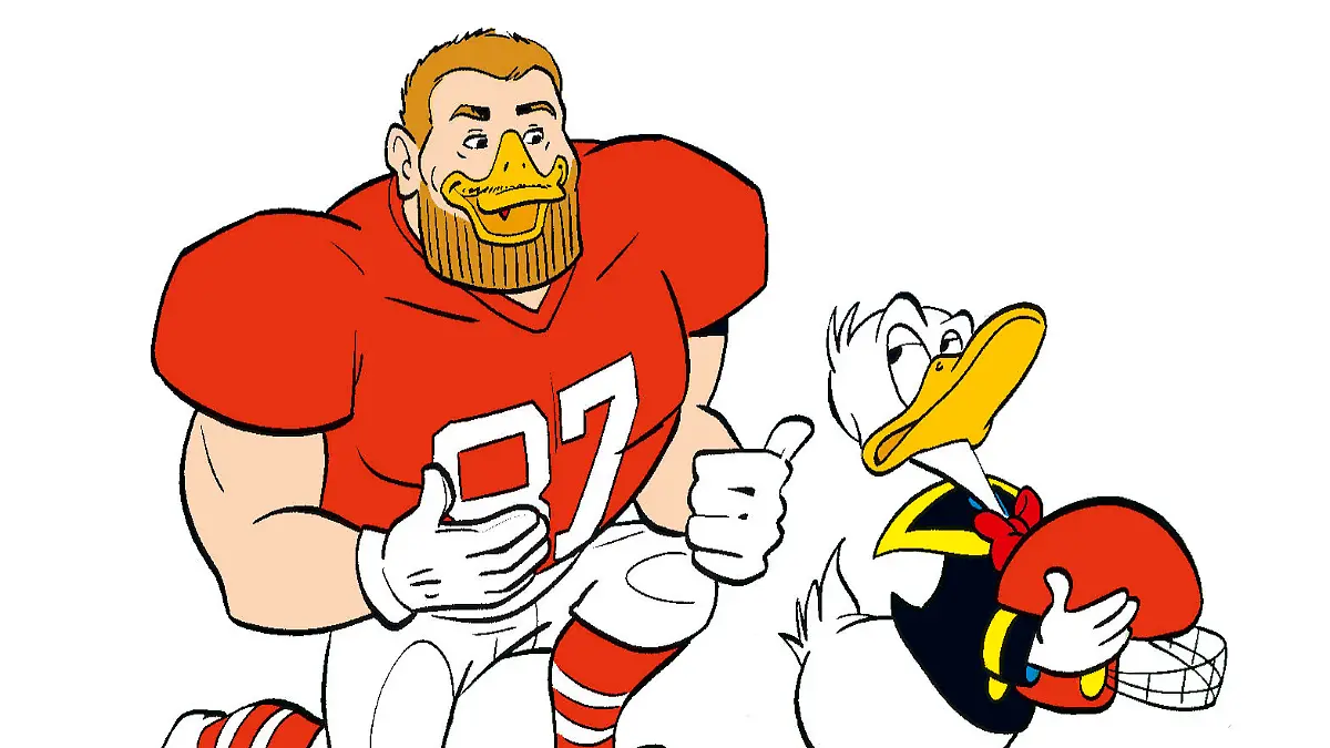 Der duckifizierte Travis Kelce mit Donald Duck.