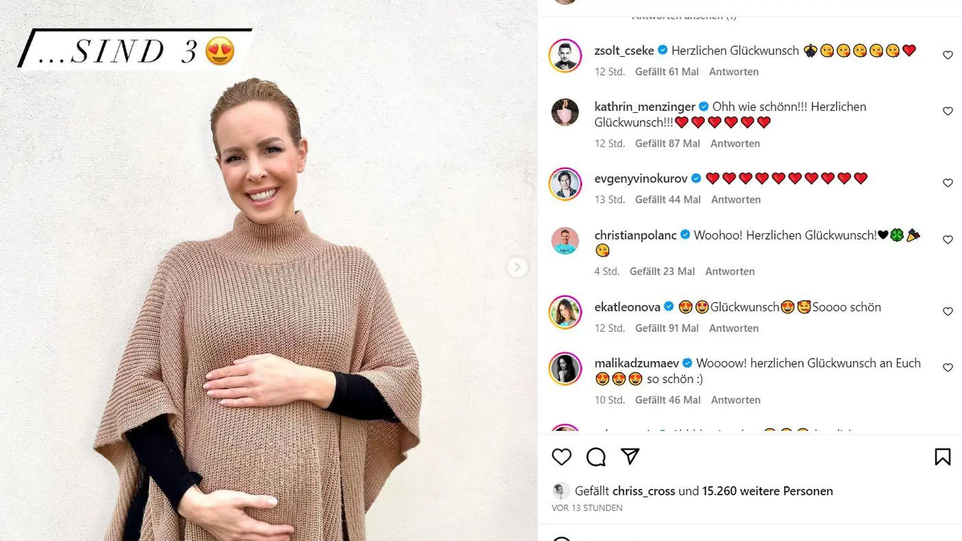 Die Herzchen in den Kommentaren sprechen für sich: Alle freuen sich mit Tanz-Kollegin Isabel Edvardsson über Baby Nummer drei!