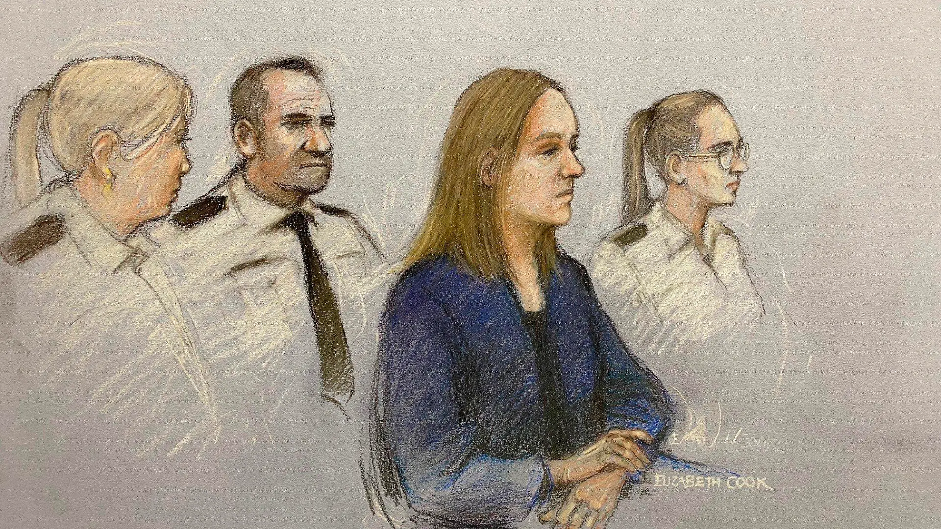 This court artist sketch by Elizabeth Cook shows Lucy Letby appearing in the dock at Manchester Crown Court, in Manchester, England, Monday Oct. 10, 2022. Letby, 32, has been charged with murder in the deaths of five baby boys and two girls, and the attempted murder of five boys and five girls, while she worked at the Countess of Chester Hospital in northwest England between 2015 and 2016. (Elizabeth Cook/PA via AP)