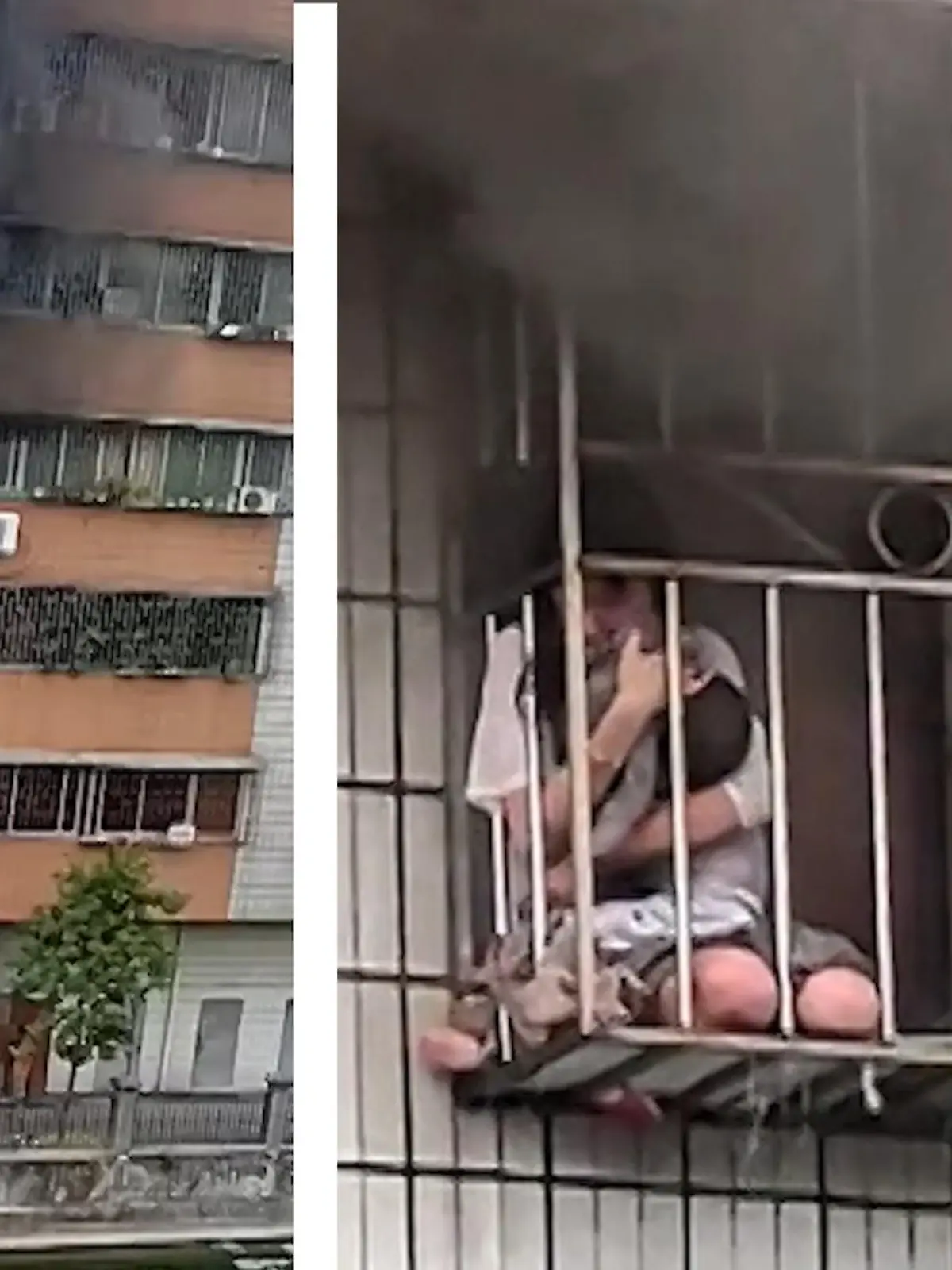 Mutige Einheimische und Feuerwehrleute retteten eine Mutter und ihr Kind aus einem Wohnungsbrand in Südchina in der Provinz Guangdong - im Video.