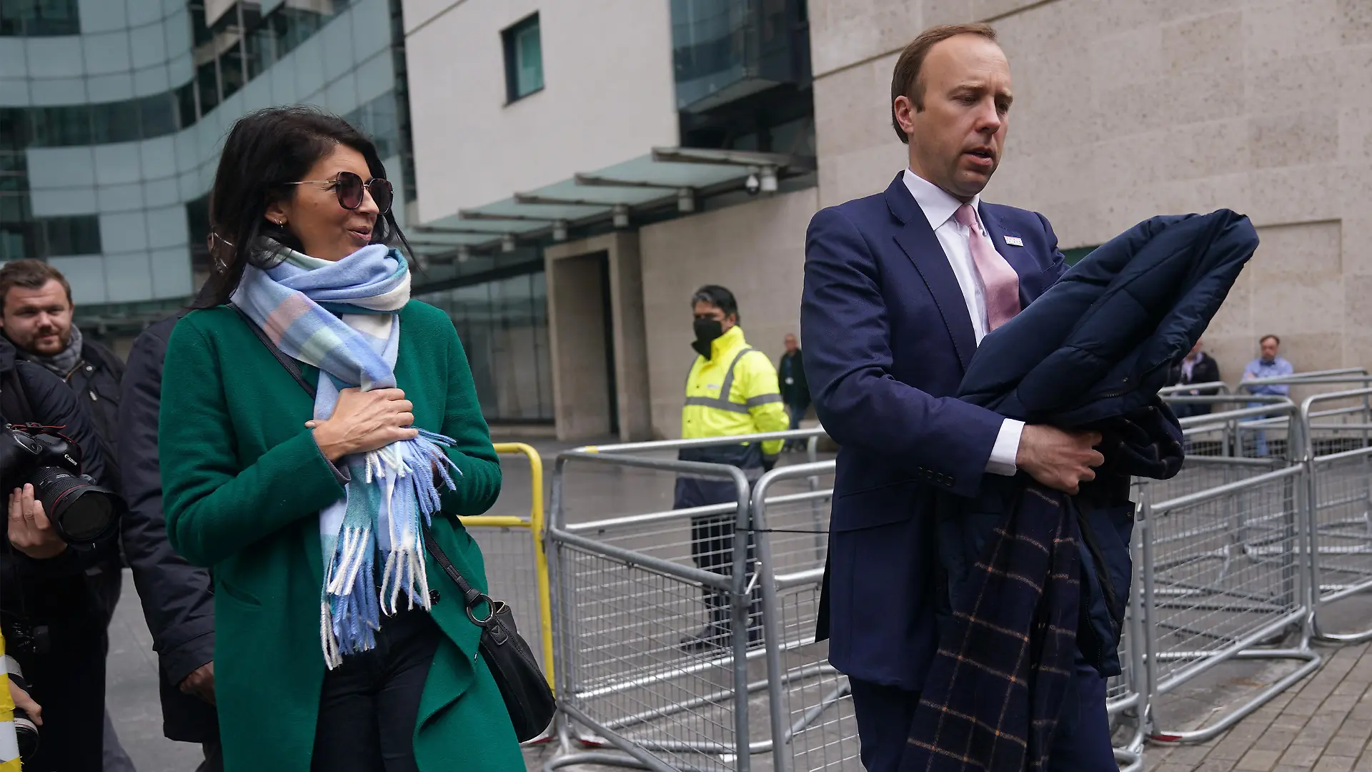 Matt Hancock affair accusations. Previously unissued photo dated 16/05/2021 of Health Secretary Matt Hancock with adviser Gina Coladangelo (left) outside BBC Broadcasting House in London after his appearance on the BBC1 current affairs programme, The Andrew Marr Show. Mr Hancock has been accused of having an affair with the adviser to his department. Issue date: Friday June 25, 2021. The Sun has published pictures of the married Cabinet minister appearing to kiss Gina Coladangelo, who the newspaper said was hired by Mr Hancock last year. See PA story POLITICS Hancock. Photo credit should read: Yui Mok/PA Wire URN:60564801