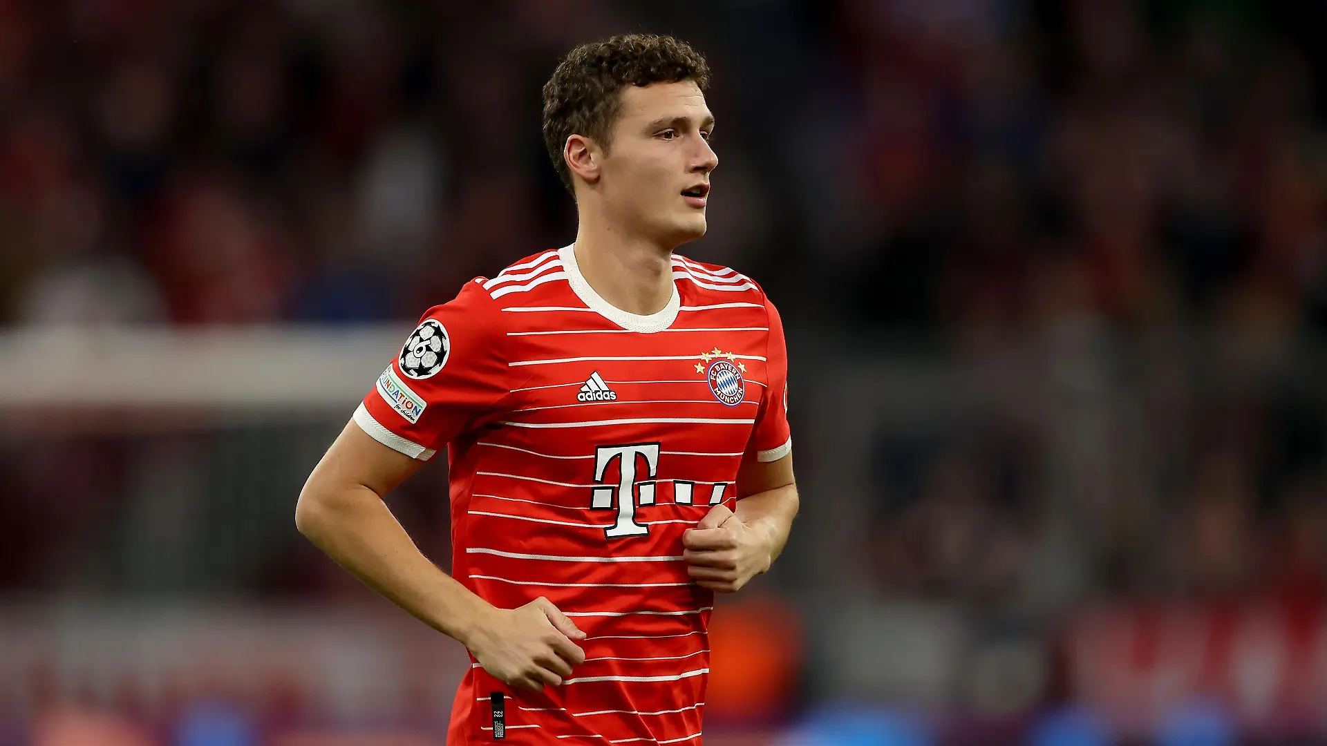 MUNICH, GERMANY - OCTOBER 04: Benjamin Pavard of FC Bayern München looks on during the UEFA Champions League group C match between FC Bayern München and Viktoria Plzen at Allianz Arena on October 04, 2022 in Munich, Germany. (Photo by Alexander Hassenstein/Getty Images)