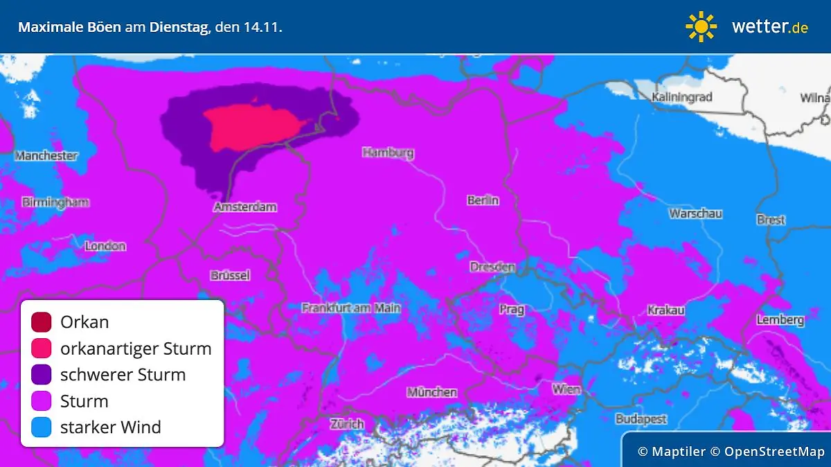 Windgeschwindigkeiten am Dienstag, 14. November, in Deutschland