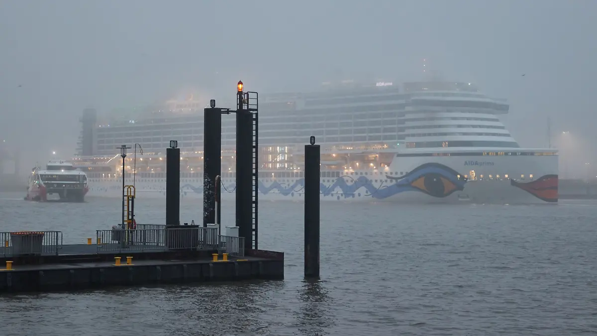 Im Nebel ist das Kreuzfahrtschiff \Aida prima\ im Hamburger Hafen zu sehen.