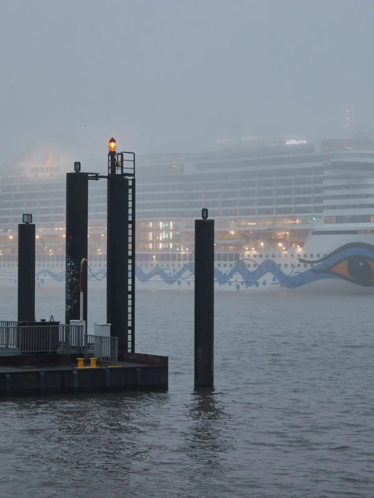 Im Nebel ist das Kreuzfahrtschiff \Aida prima\ im Hamburger Hafen zu sehen.