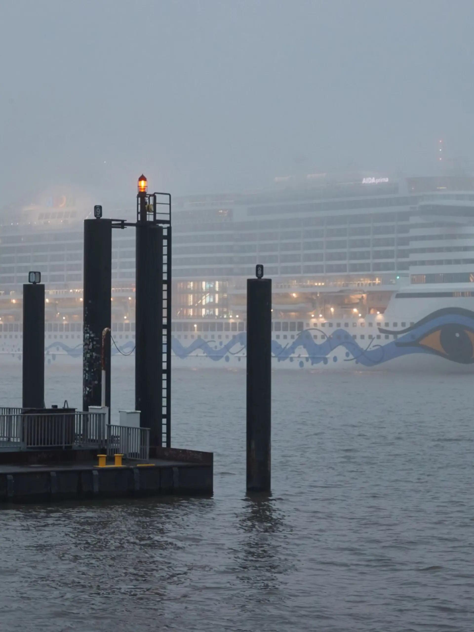 Im Nebel ist das Kreuzfahrtschiff \Aida prima\ im Hamburger Hafen zu sehen.