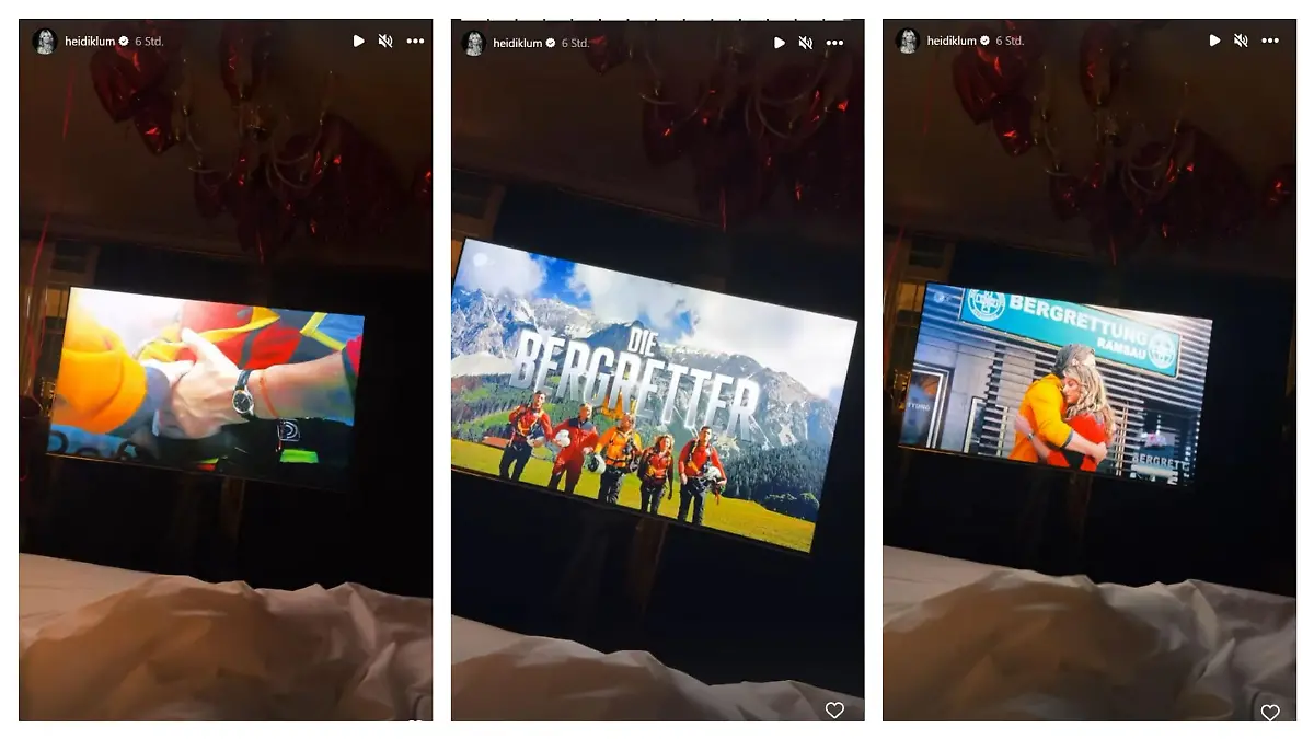 Screenshots aus Heidi Klums Instagram-Story: Sie guckt mit Tom Kaulitz „Die Bergretter“.